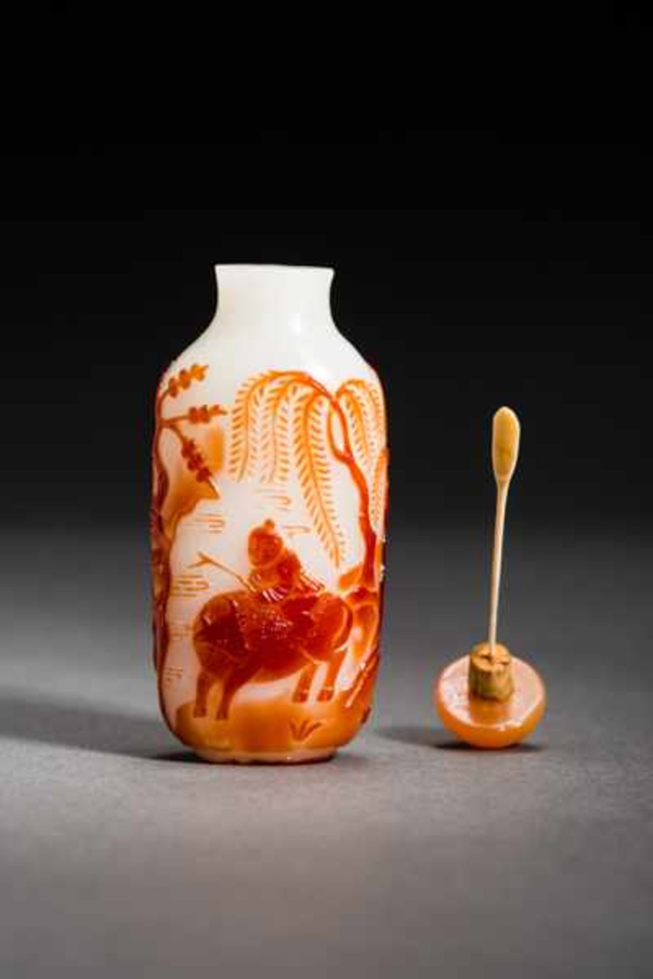 SHEPHERD BOY ON AN OX Orange-red overlay on a milky white glass bottle. Stopper: Carneliancolored - Image 6 of 6