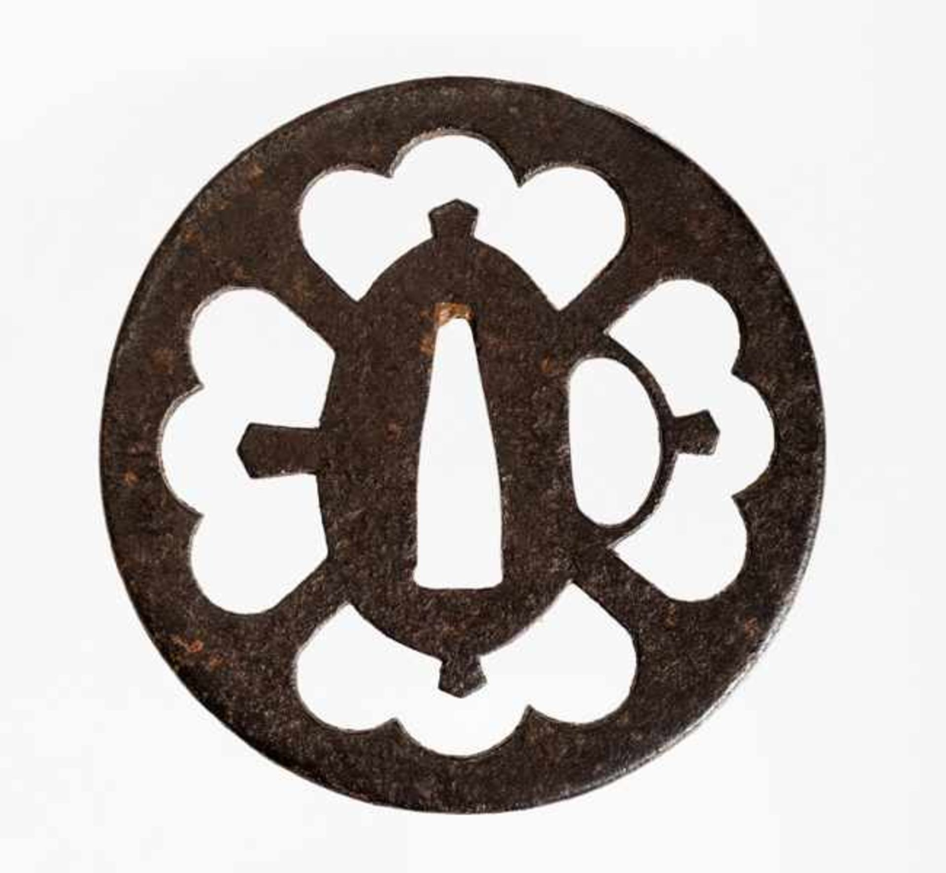 SUKASHI-TSUBA Iron. Japan, 18th to 19th cent.Round, old-style tsuba; both sides flat with multiple - Image 2 of 2