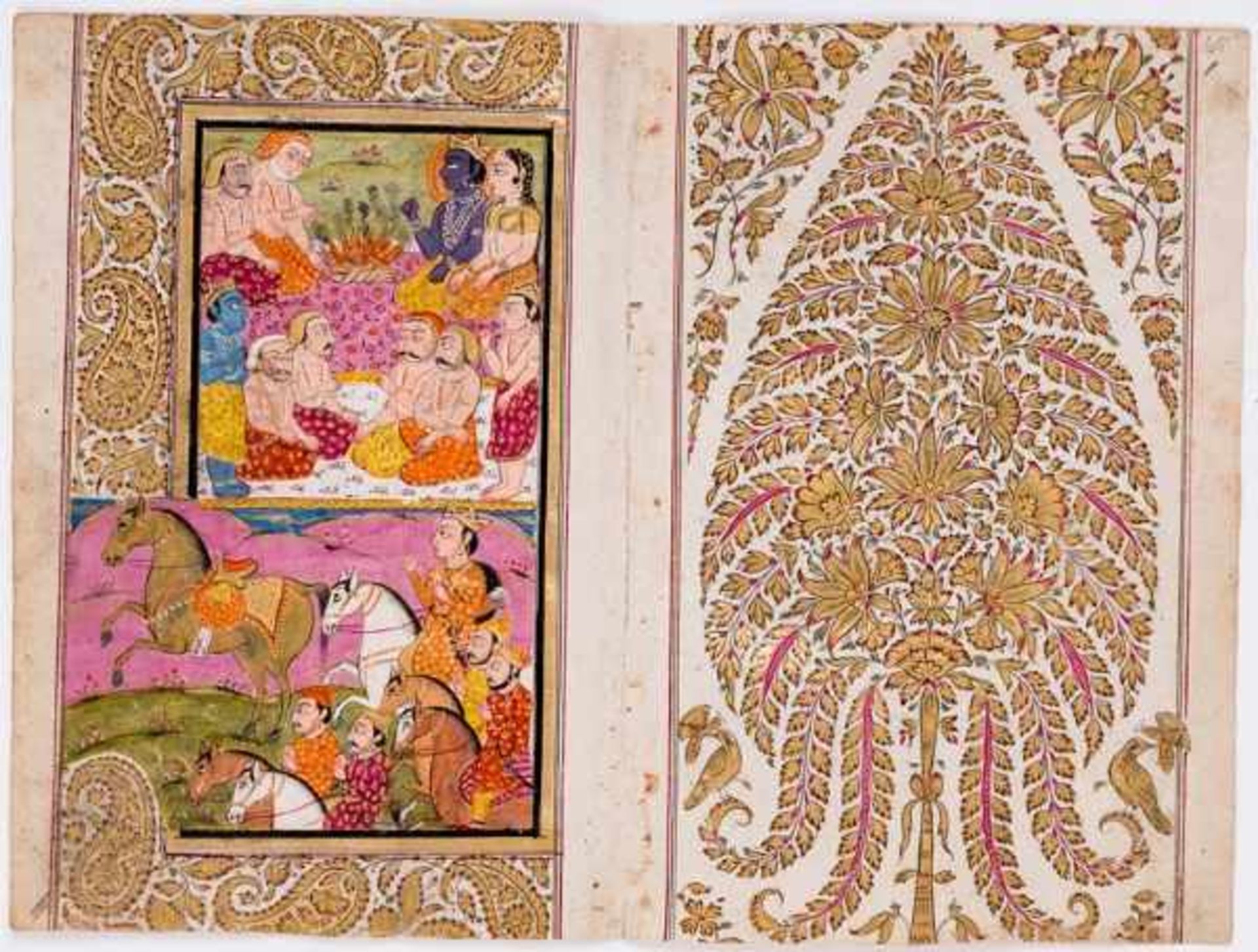 KRISHNA, RADHA AND RAMA Miniature painting. Paint and gold on paper. Northern India, Kashmir, 19th