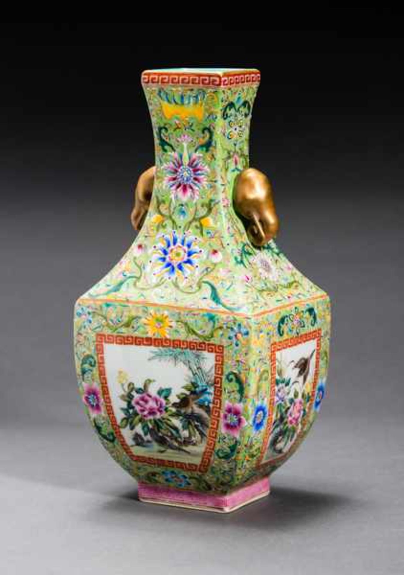 VASE WITH BLOSSOMS, BIRDS AND ELEPHANT HEADS Porcelain with enamel paint and gilding. China, This - Image 2 of 5