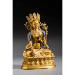 WHITE TARA Fire-gilded bronze. Sino-Tibetan, 19th cent.Very nicely formed figure with well-wrought