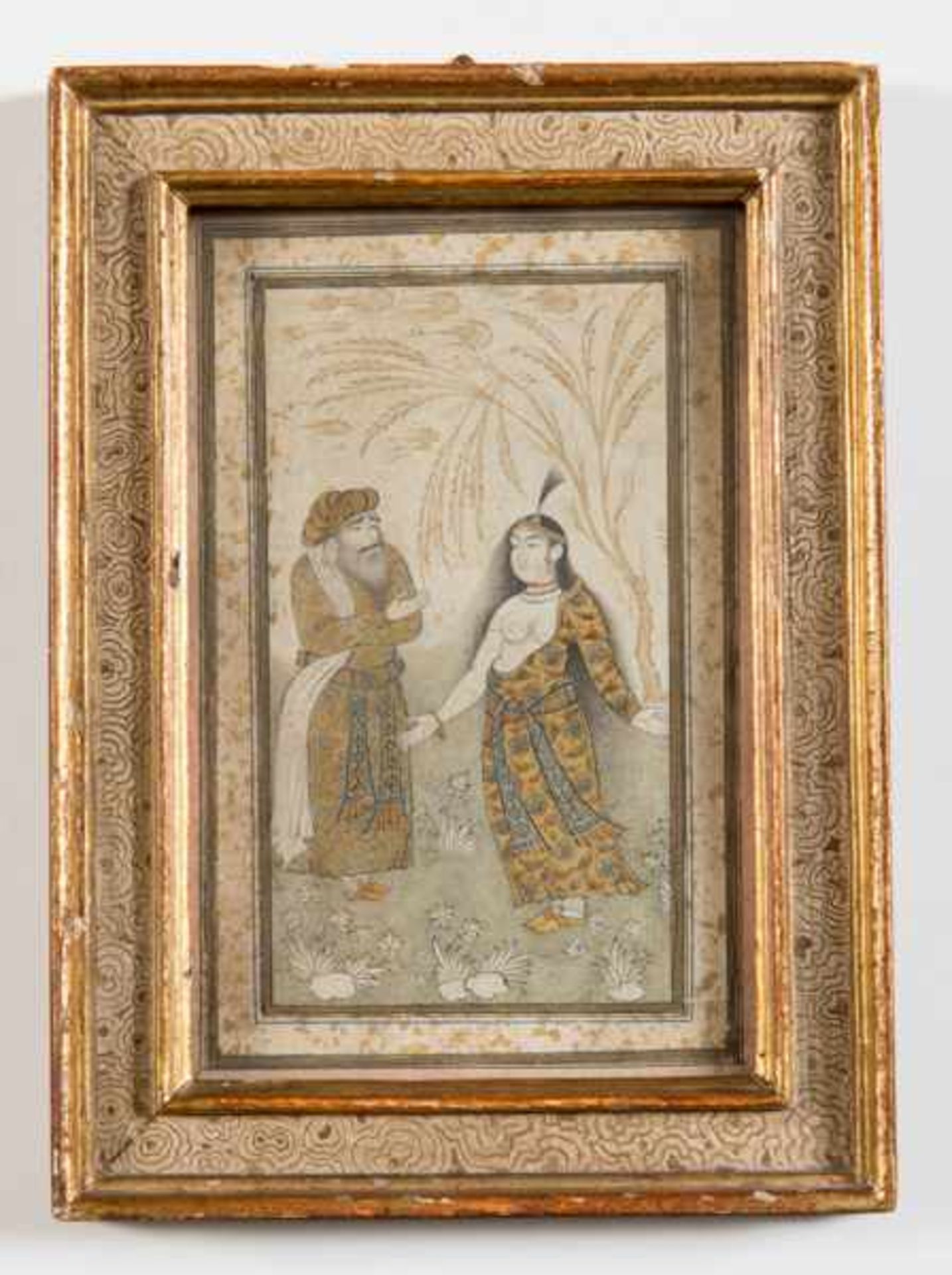 BEARDED MAN AND HALF NAKED BEAUTY Color and gold on paper. India, Mogul-Stil, 19th cent.Finest - Image 2 of 3
