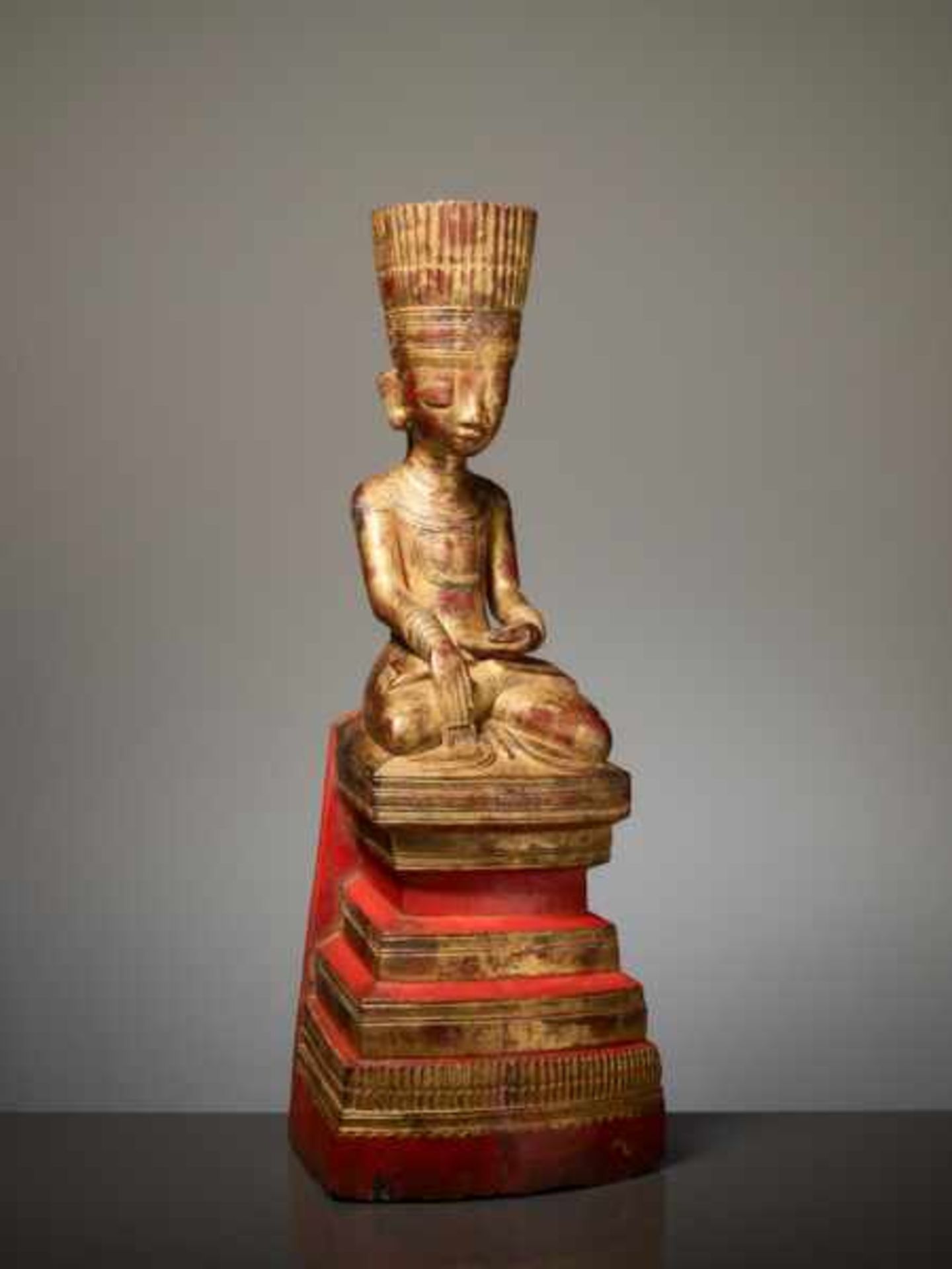 CROWNED BUDDHA Noble wood, lacquer and gilding. Burma, Shan, Konbaung 19th cent.Buddha Shakyamuni - Image 3 of 8