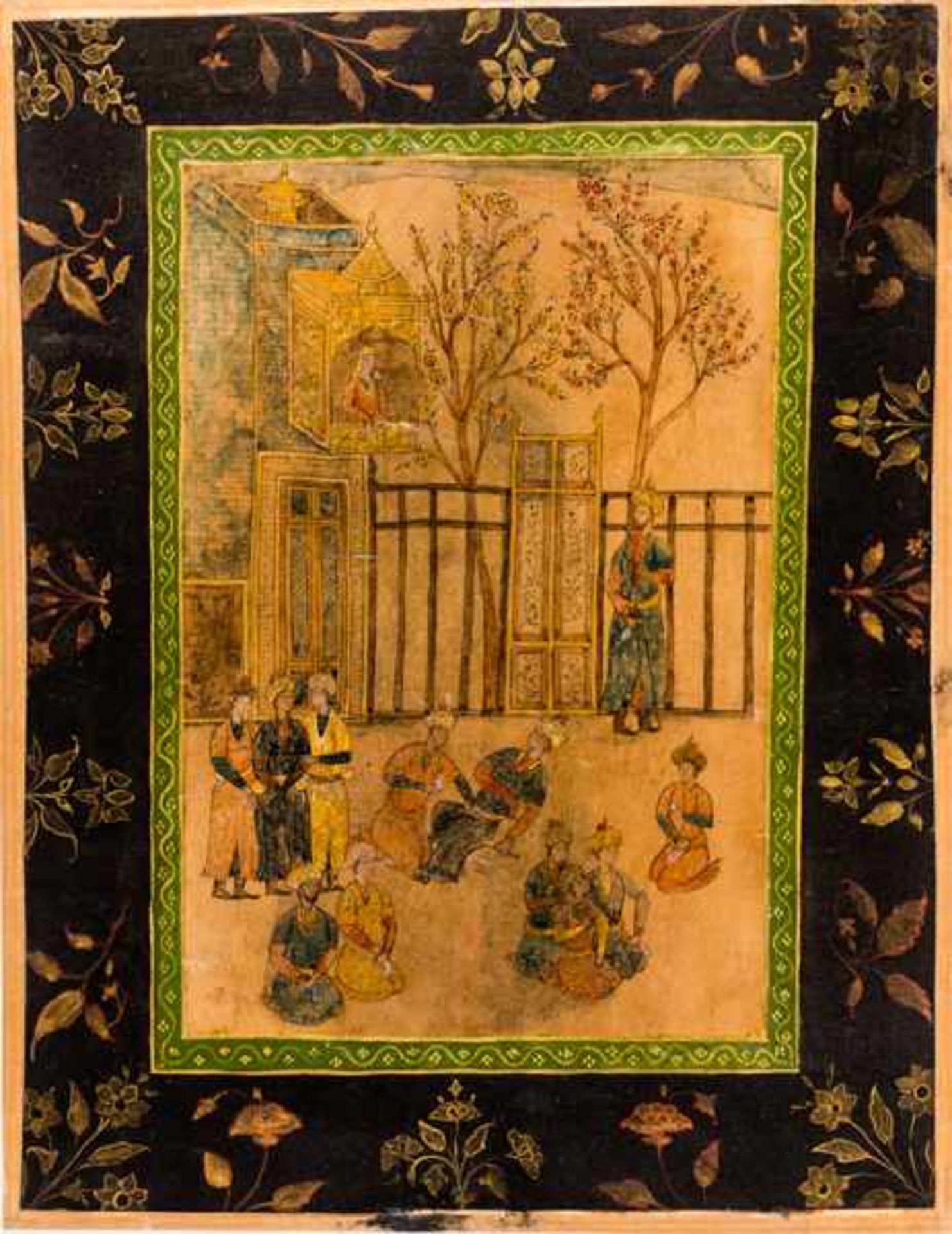 COURTLY SCENE AND FLOWER BOUQUET Paint and gold on leather, or paper. Indo-Persia, about