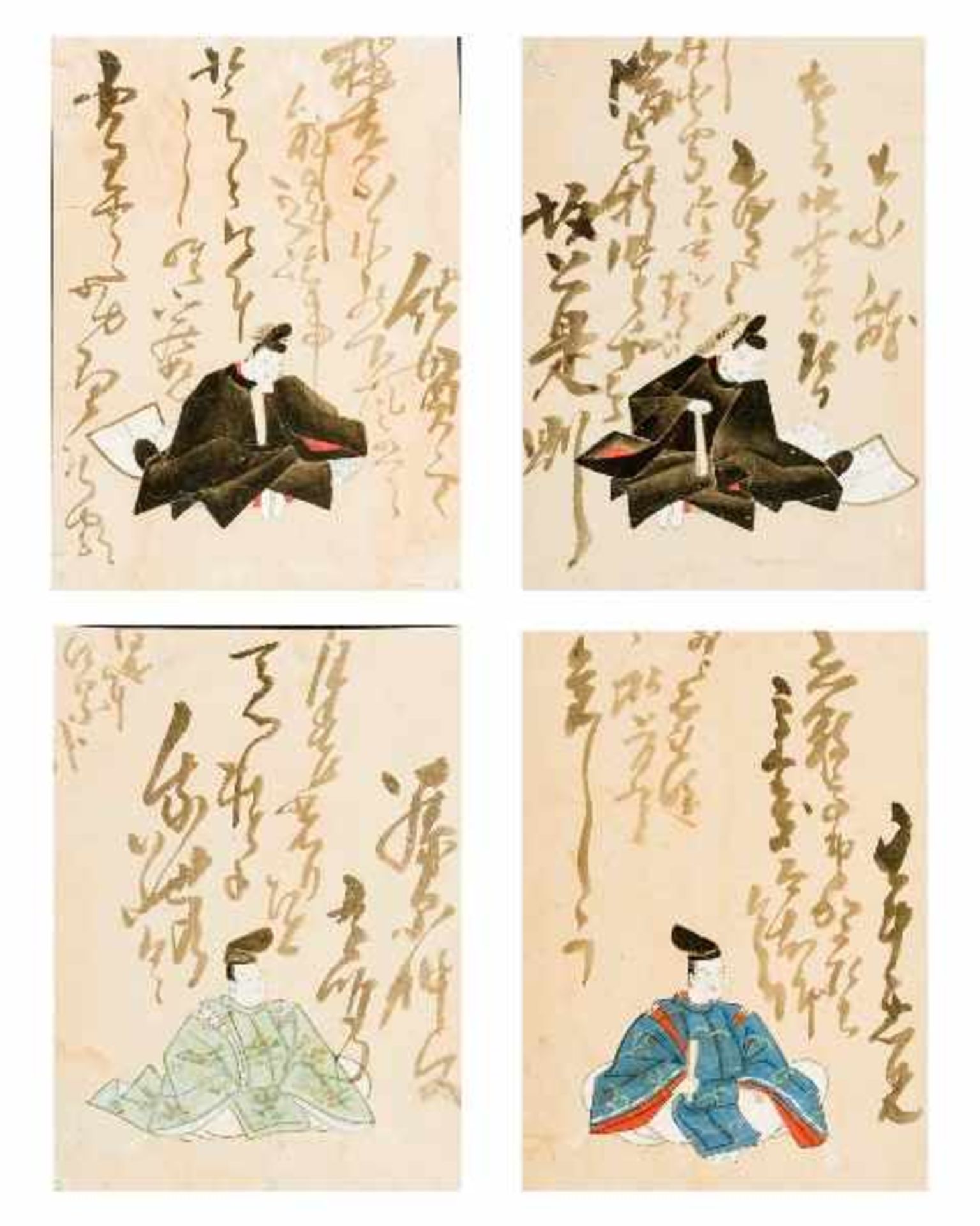 UNKNOWN ARTIST FROM THE 17TH CENT. Four sheets from a Hyakunin Isshu. Hand painted and inscribed