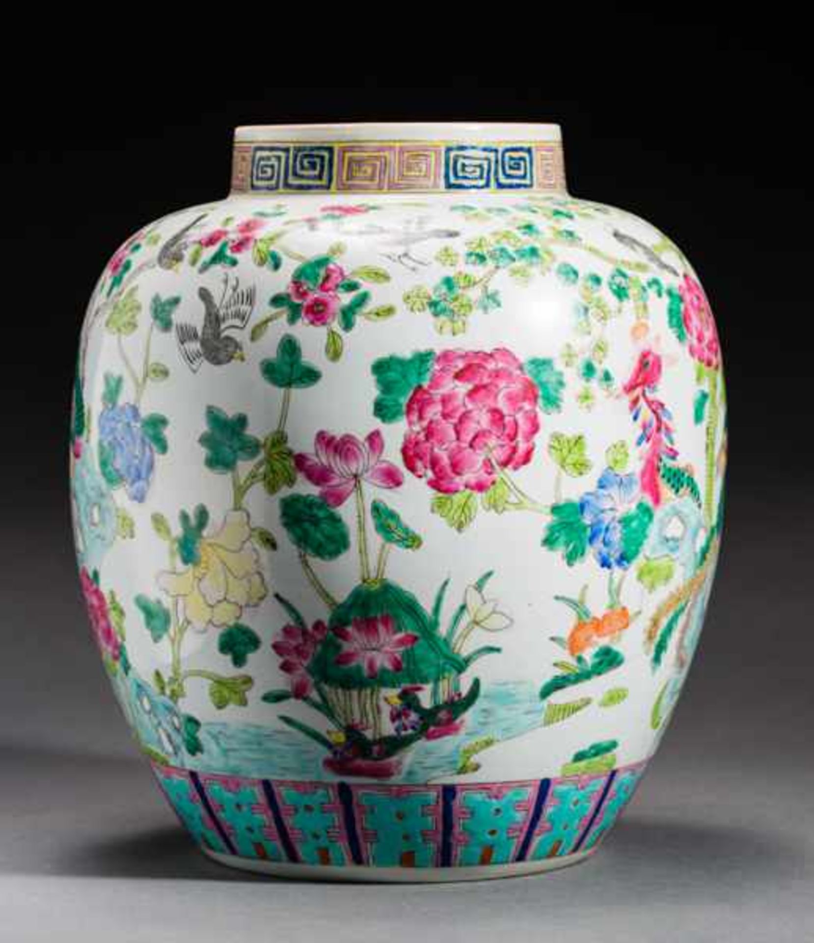 BULBOUS VASE WITH LOTUS, ROCKS AND PHOENIX Porcelain with colored enamel painting. China, On the - Image 4 of 5