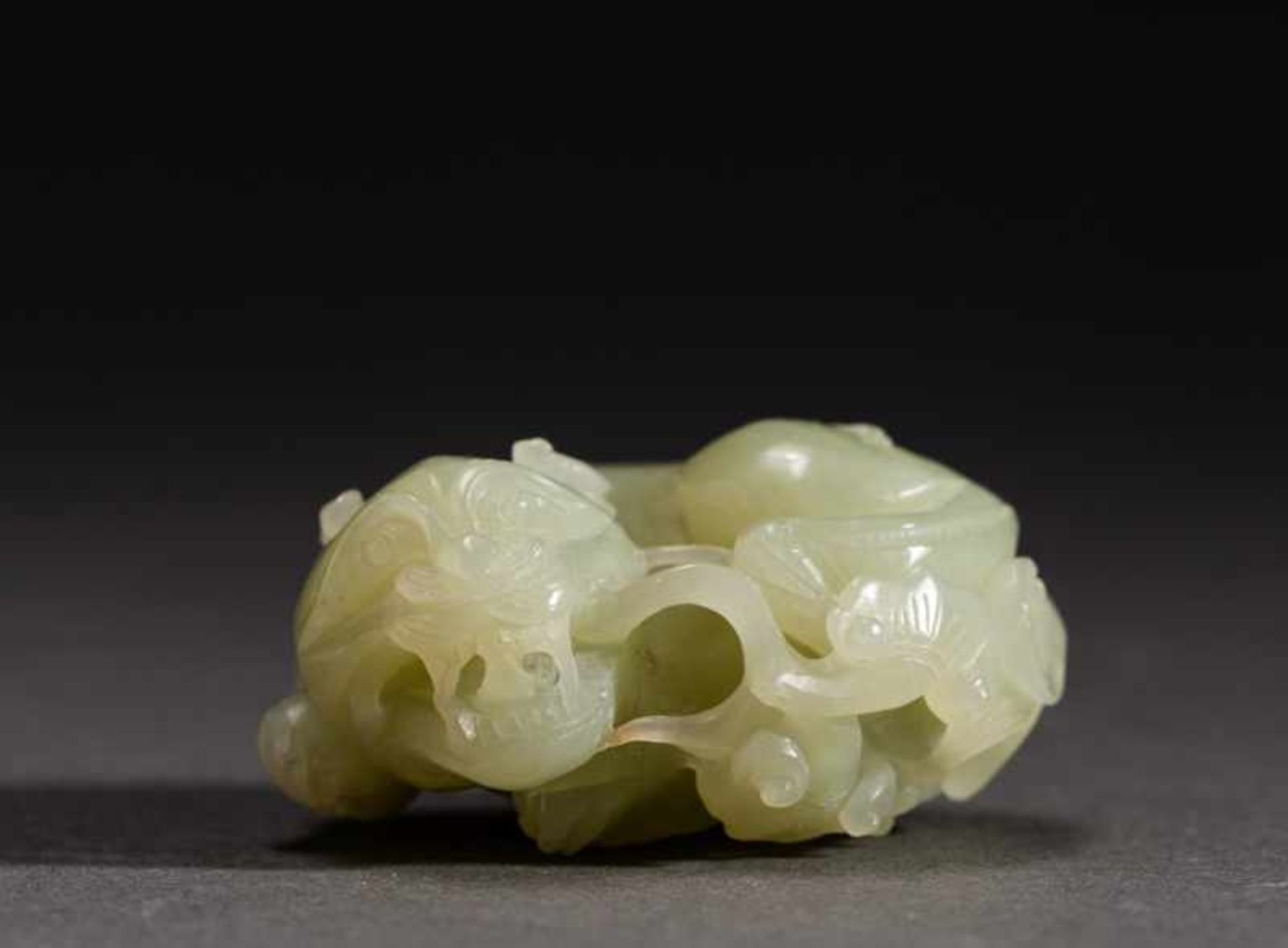 LYING SHIZI Jade. China, Round, lying lion-dog, shizi, with an expressively shaped head. Open mouth, - Image 5 of 5