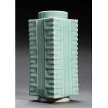 VASE IN THE FORM OF AN ARCHAIC CONG Porcelain with celadon glaze. China, The square, vertical form