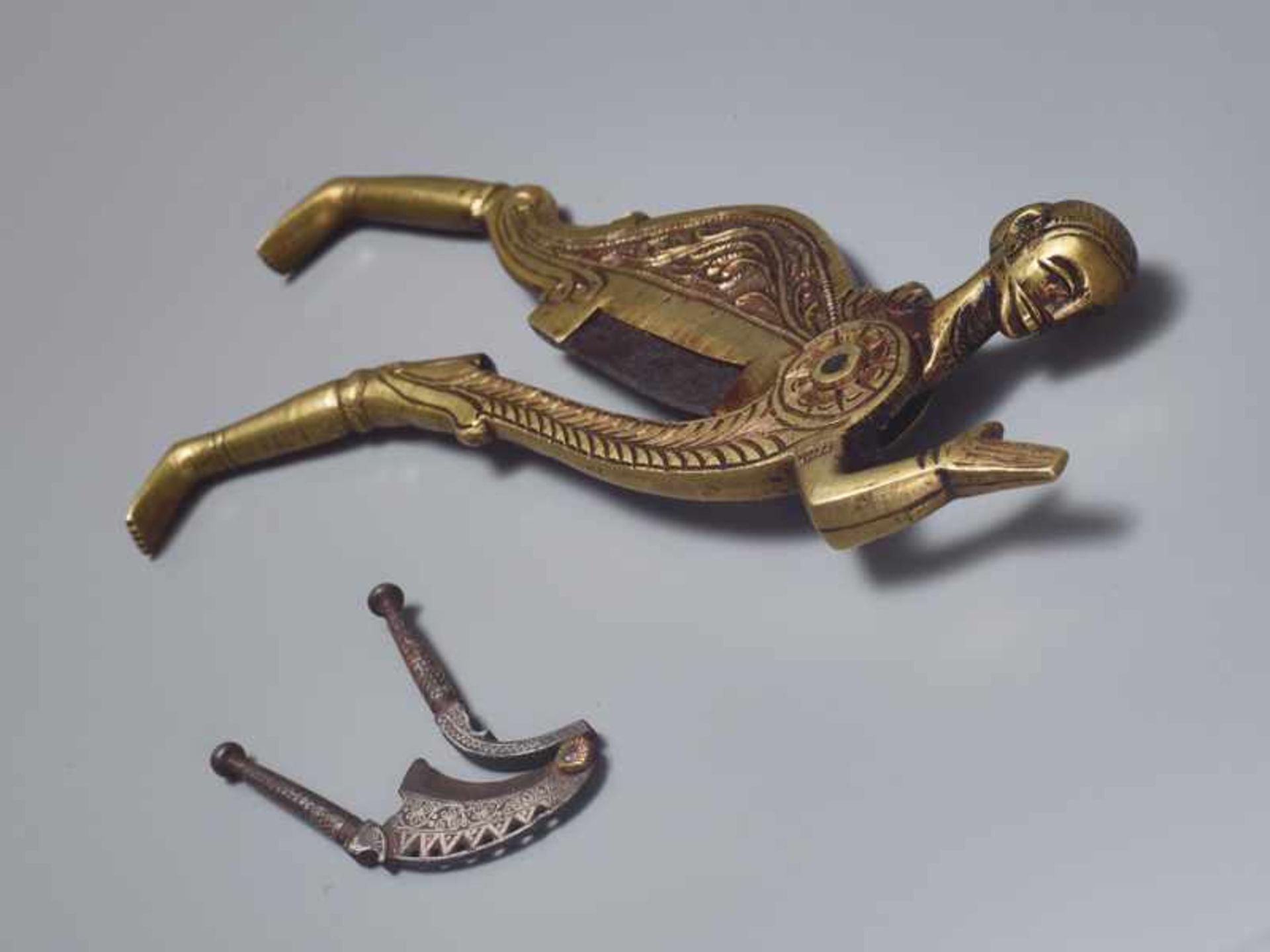 TWO BETEL NUTCRACKERS Brass and iron. Southern India, 19th cent.The first nutcracker is - Image 5 of 5