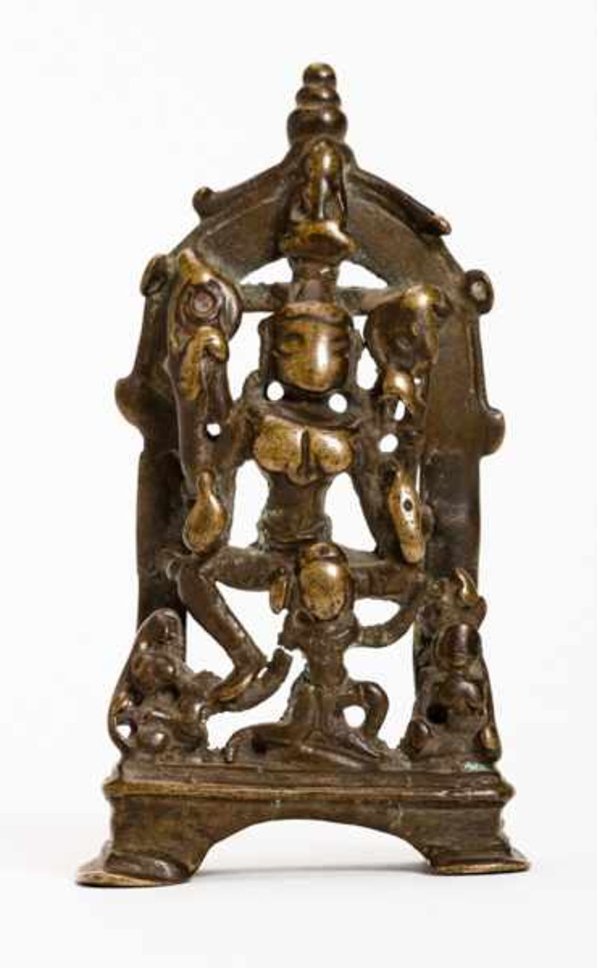 GODDESS DURGA AND COMPANION FIGURES Bronze. India, ca. 15th cent.This exceptionally old bronze has