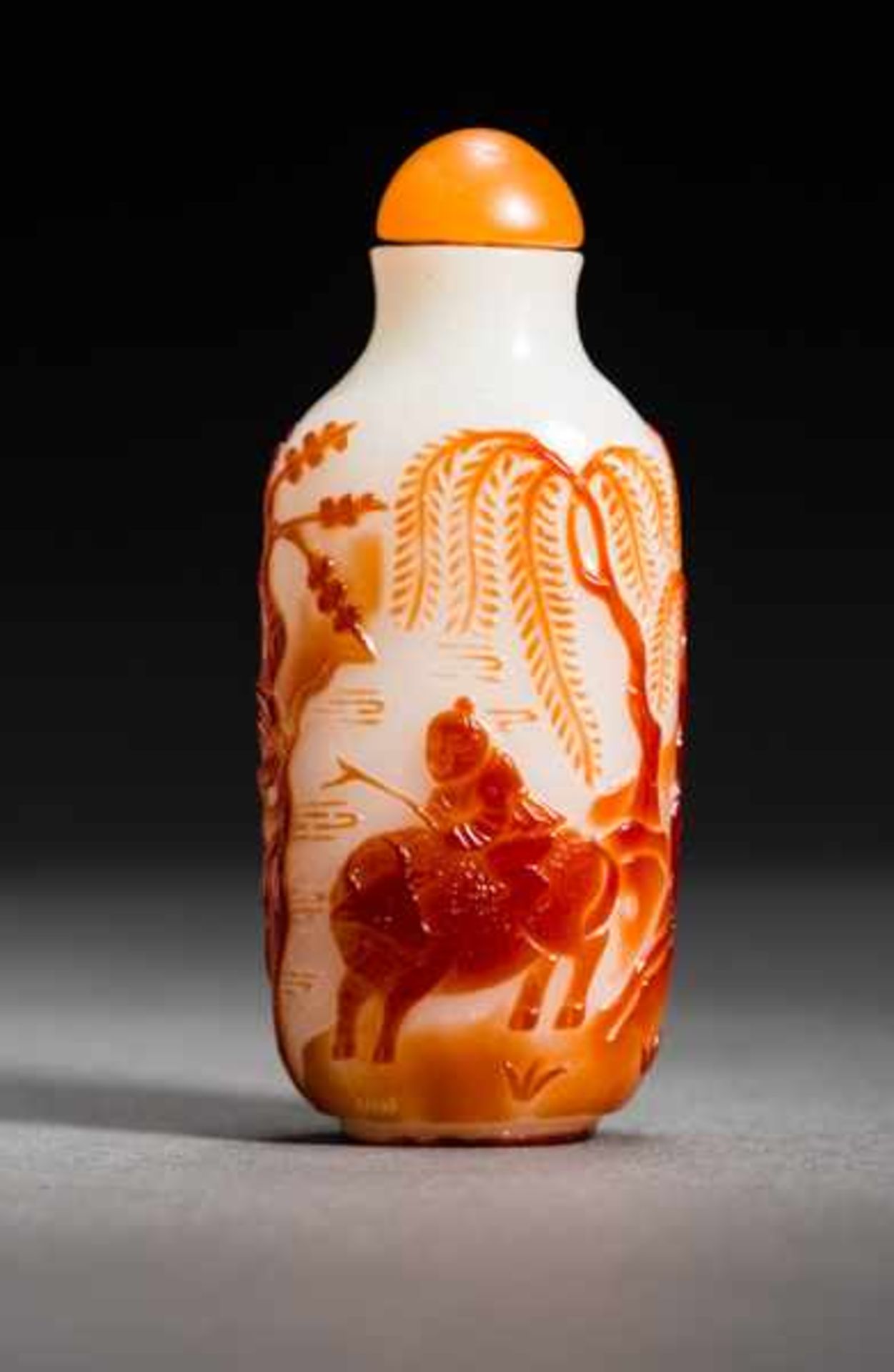 SHEPHERD BOY ON AN OX Orange-red overlay on a milky white glass bottle. Stopper: Carneliancolored - Image 3 of 6