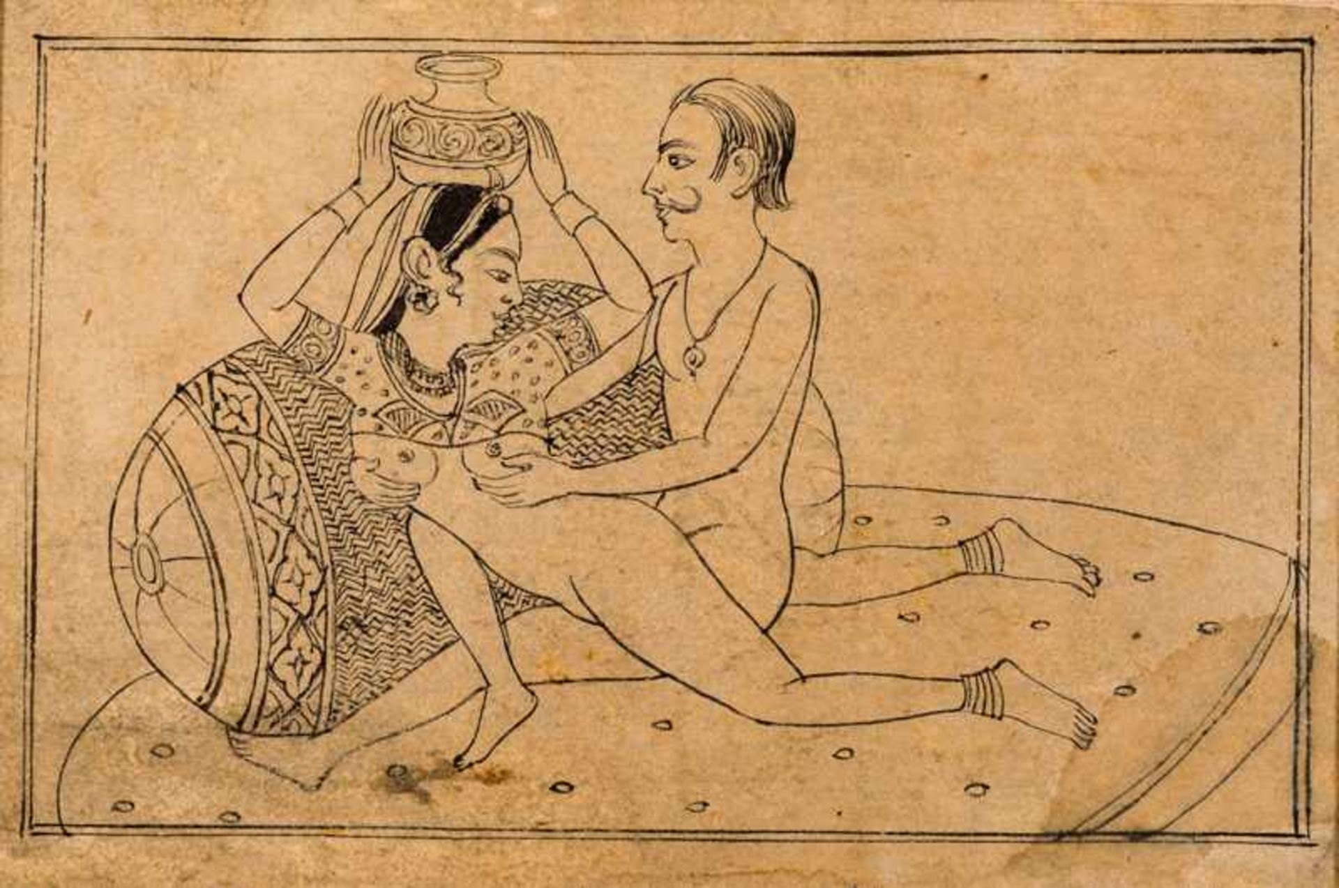 LOVE SCENE ON A BED Ink drawing. India, 19th cent.Very finely rendered drawing showing an Englishman