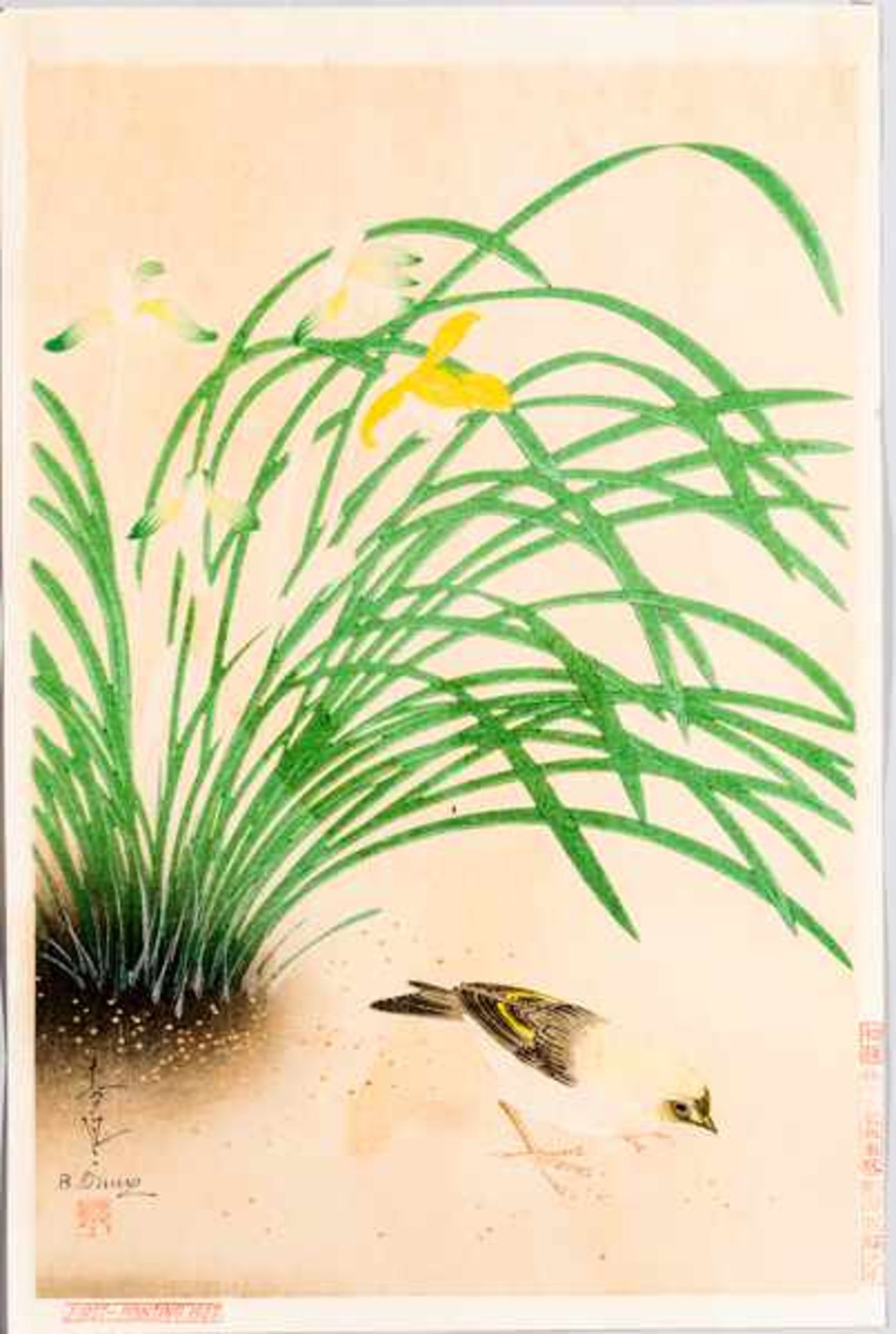 ONÔ BAKUFÛ 大野麦風 (1888 - 1976) Original woodblockrprint. Japan, Kachô-e with a Passerine and Yellow