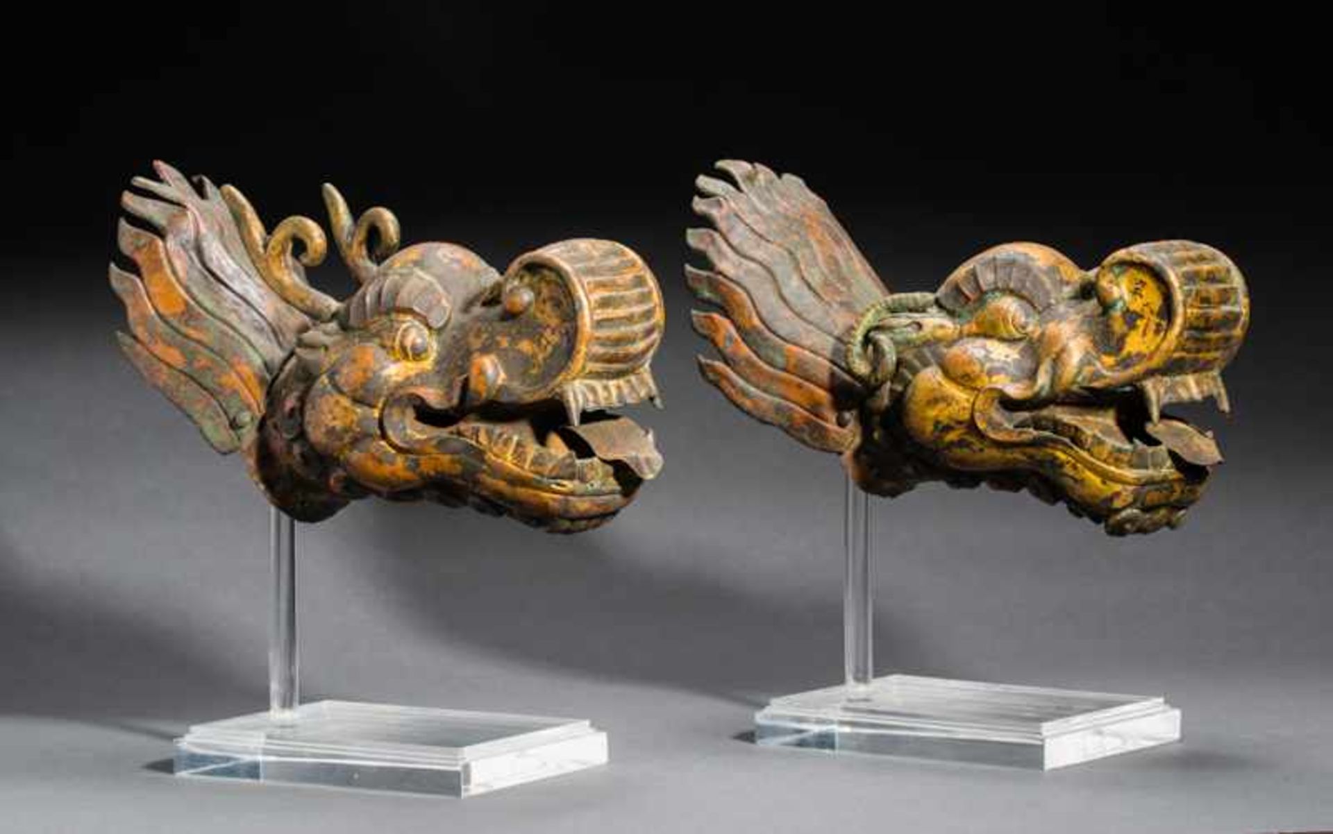 EXPRESSIVE PAIR OF OF MAKARA-HEADS Copper repoussé with gilding. Tibet, ca. 18th cent. / 19 cent. - Image 2 of 5