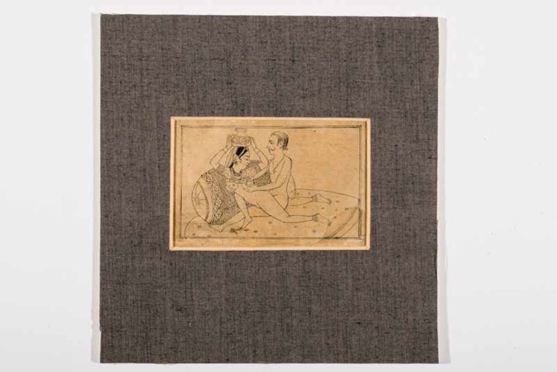 LOVE SCENE ON A BED Ink drawing. India, 19th cent.Very finely rendered drawing showing an Englishman - Image 2 of 2