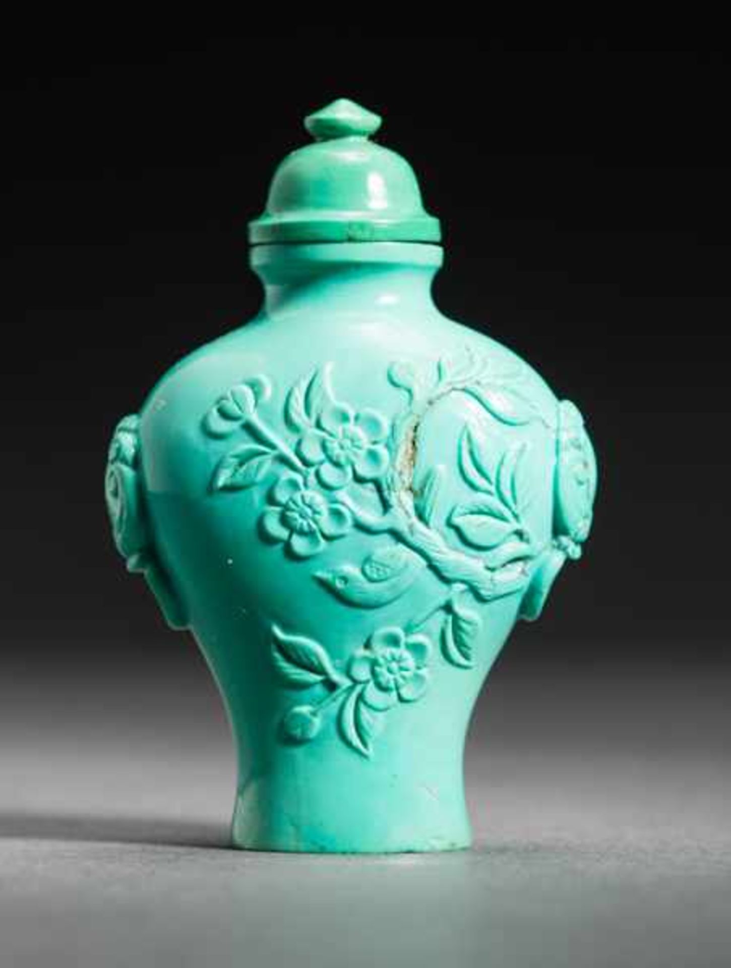 PLUM BLOSSOMS AND BIRD Turquoise. Stopper: hemispherical turquoise with small knob; short, ivory - Image 2 of 7