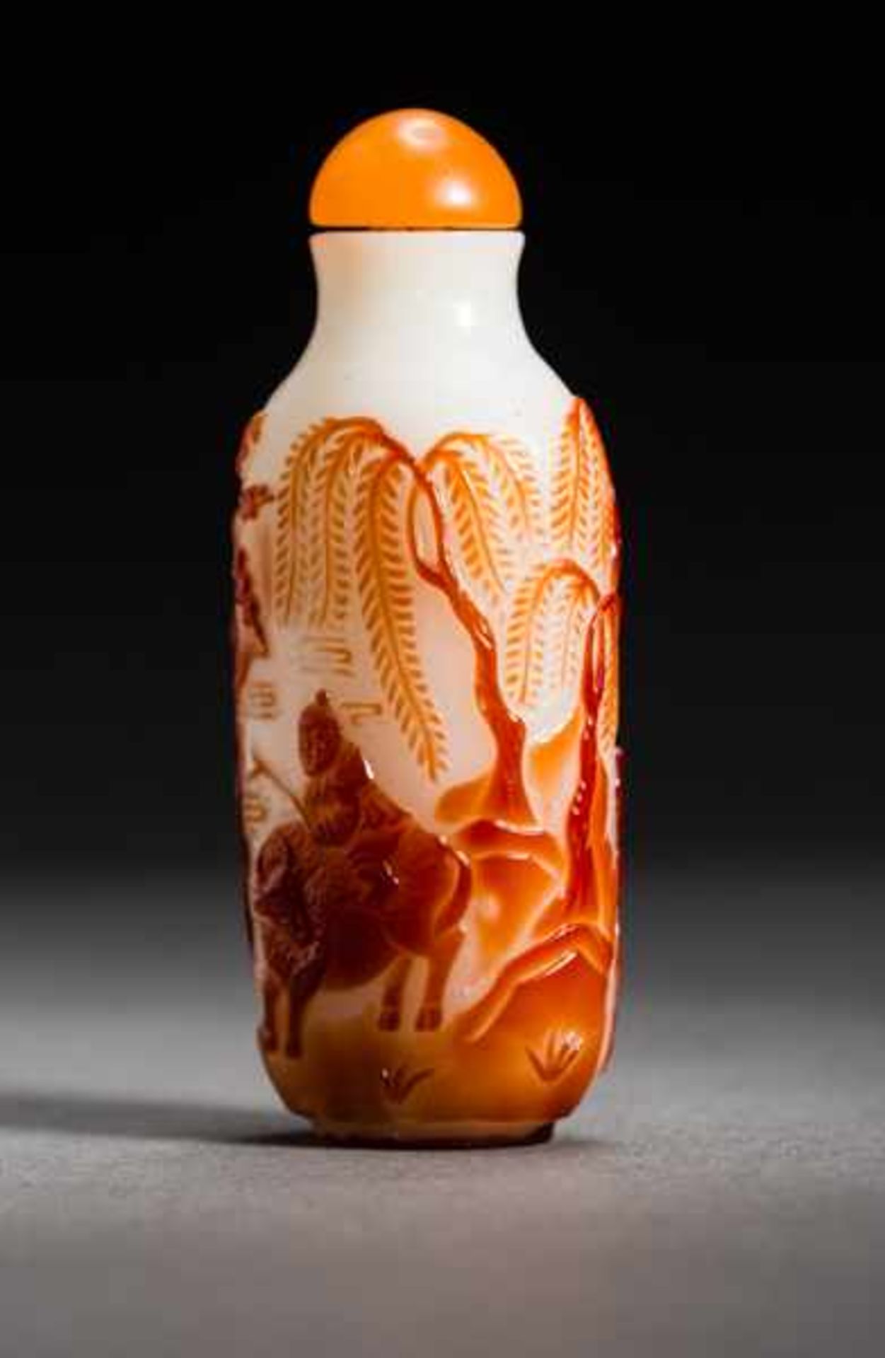 SHEPHERD BOY ON AN OX Orange-red overlay on a milky white glass bottle. Stopper: Carneliancolored - Image 4 of 6