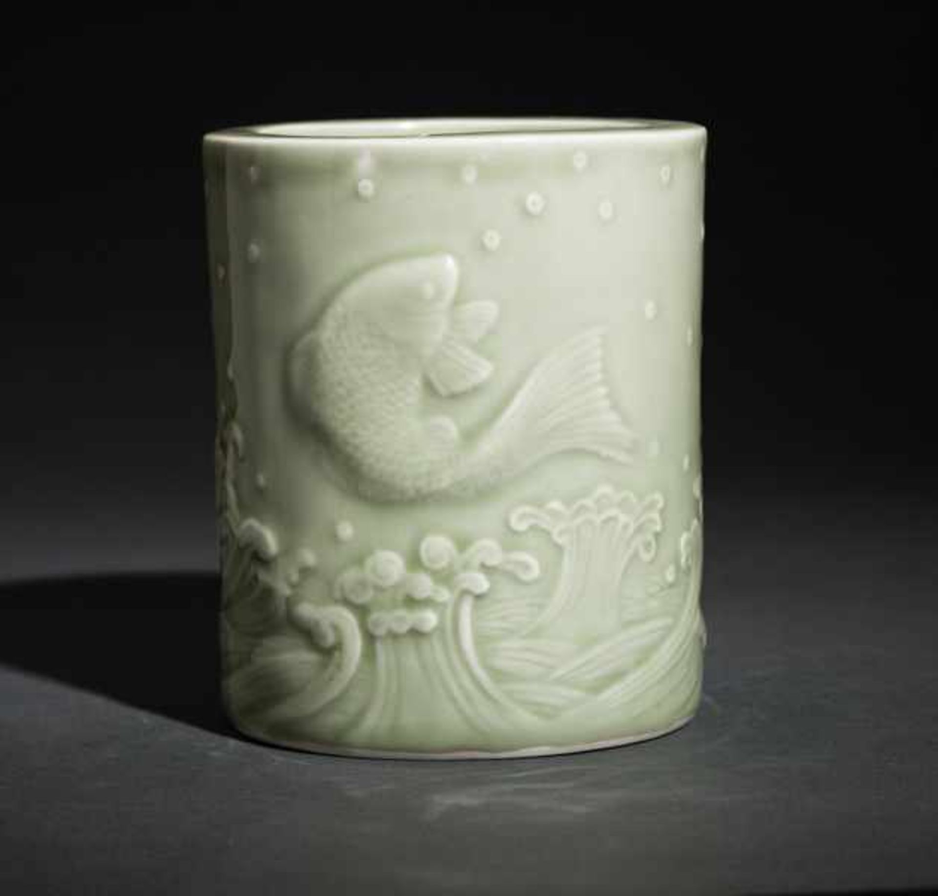 PAINTBRUSH CUP BITONG WITH CARPS Celadon-porcelain. China, On the outside of the straight walls is a