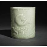 PAINTBRUSH CUP BITONG WITH CARPS Celadon-porcelain. China, On the outside of the straight walls is a