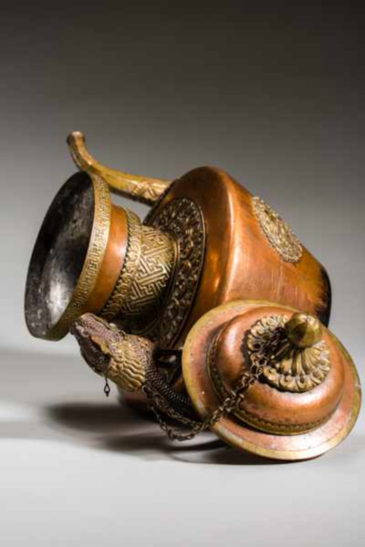 REPRESENTATIVE TEAPOT Copper and brass. Ladakh, 19th cent. to about 1900All parts of this striking - Image 5 of 6