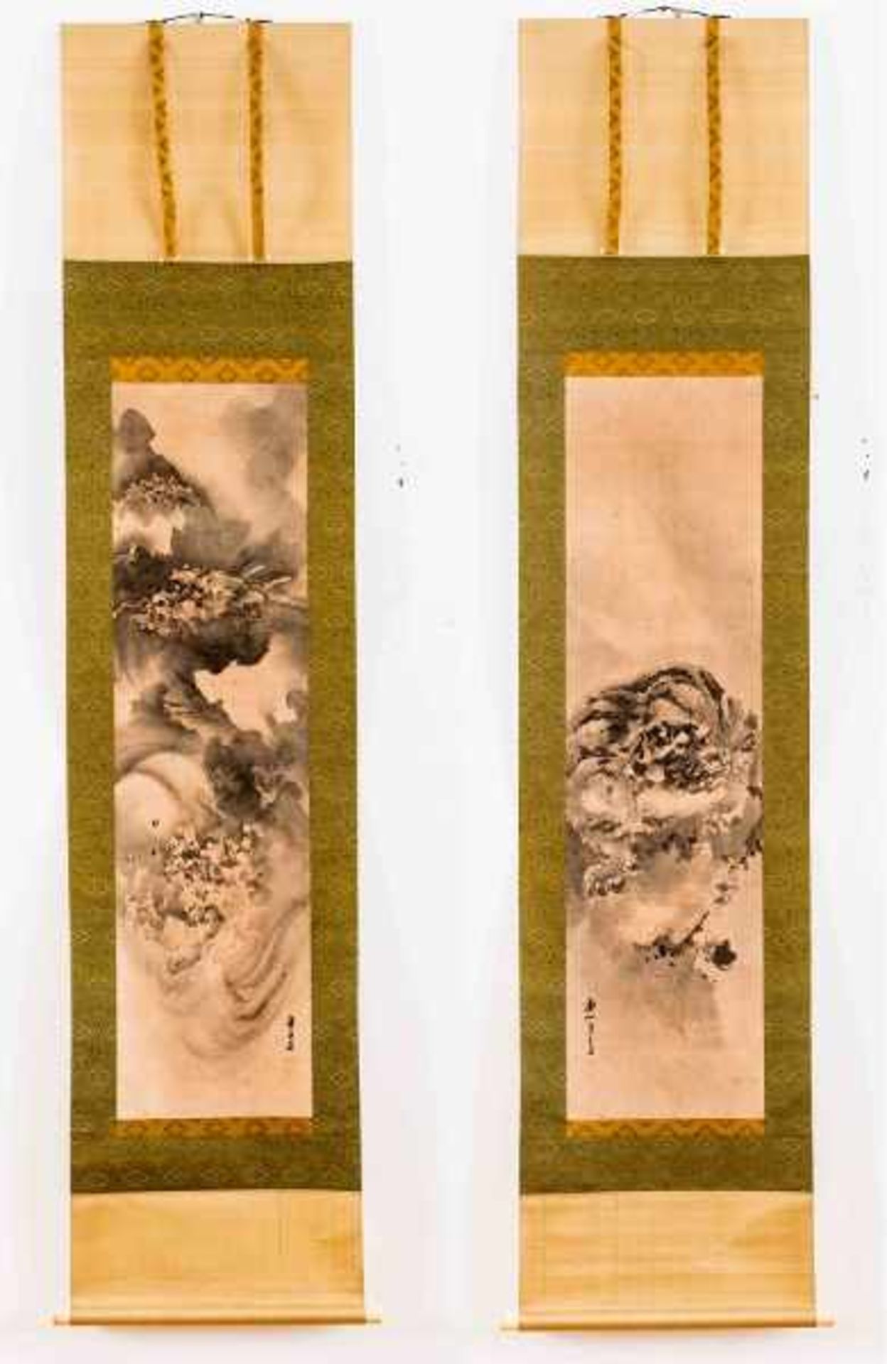 KISHI RENZAN (1805 – 1859): TIGER AND DRAGON Pair of picture rolls with ink on paper. Japan, 19th