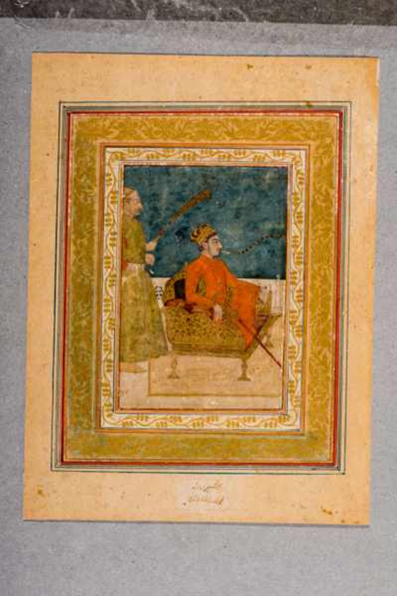 MUHAMMAD SHAH ON THE THRONE Paint on paper, gilding. India, about 1720This image depicts the young - Image 2 of 2