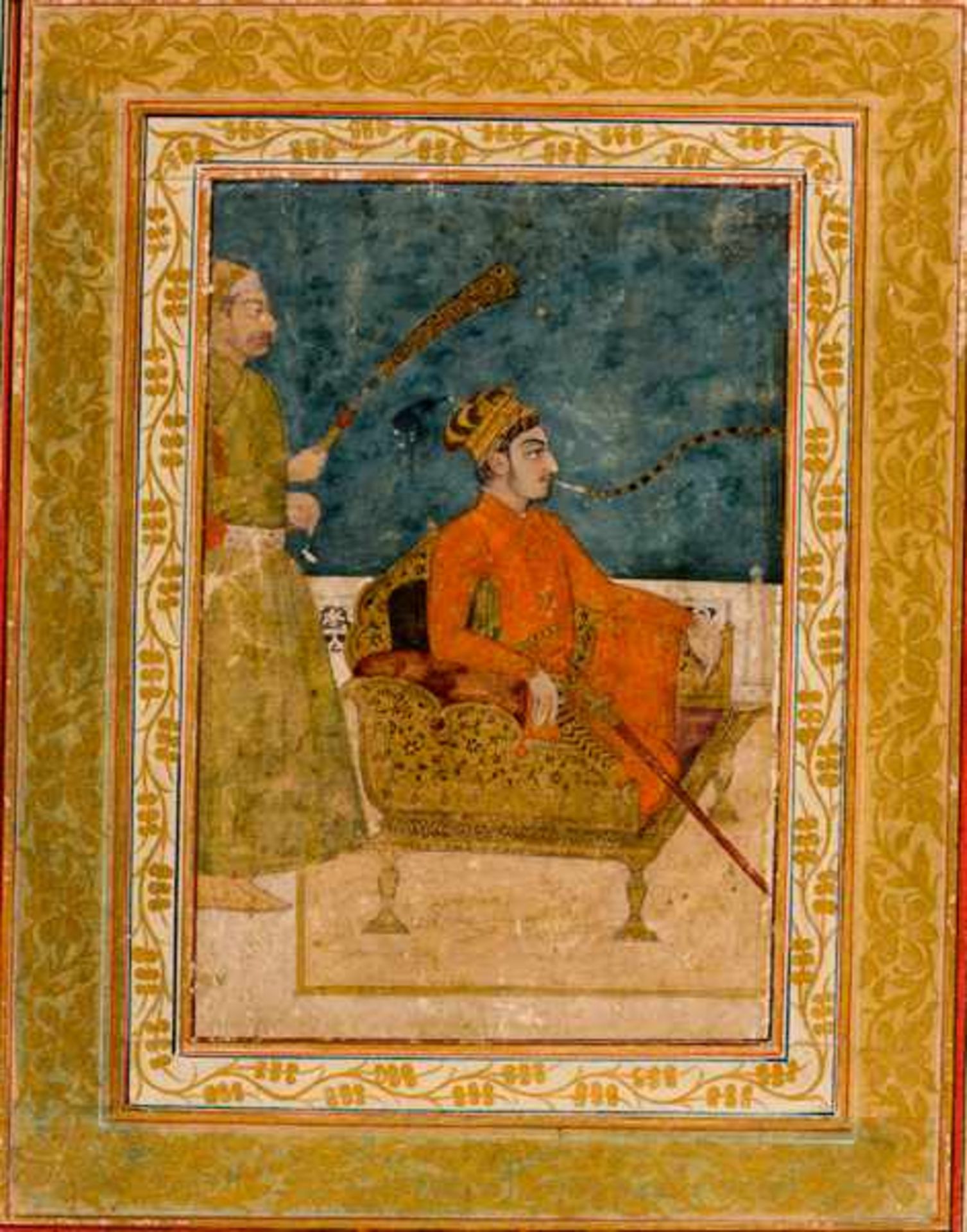 MUHAMMAD SHAH ON THE THRONE Paint on paper, gilding. India, about 1720This image depicts the young