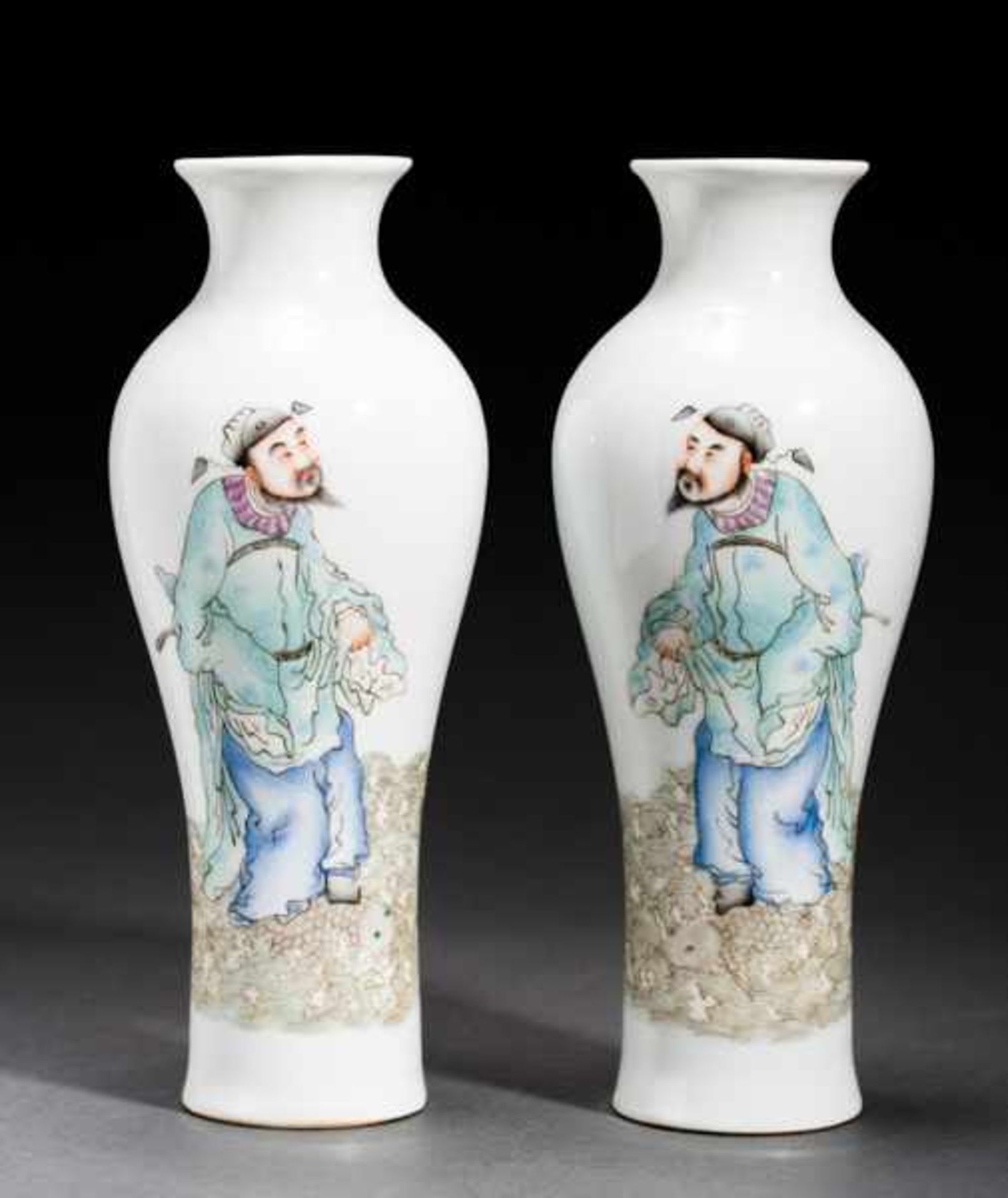 PAIR OF VASES FEATURING THE WISE MAN QINGAO Porcelain with enamel paint. China, Both vases have