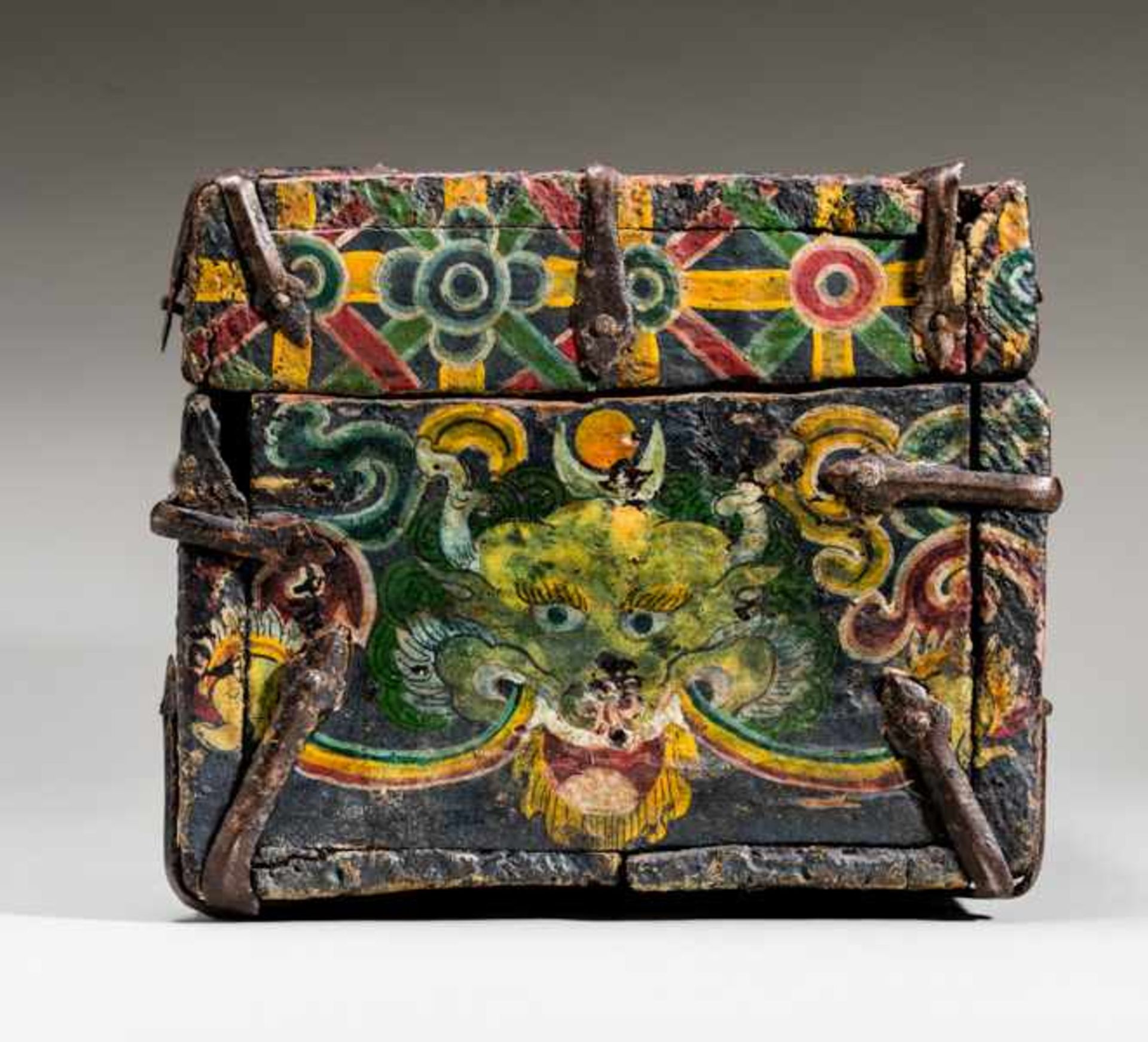 STRONGBOX WITH SNOW LIONS, TIGERS AND BOYS Colorfully painted wood, iron fittings. Tibet, 19th - Image 7 of 8