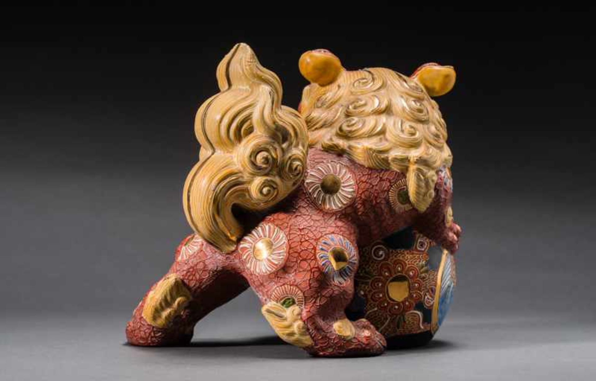 LION-DOG (SHISHI) WITH BALL Painted Kutani ceramic with gilding. Japan, Meiji to TaishoCompact - Image 5 of 6