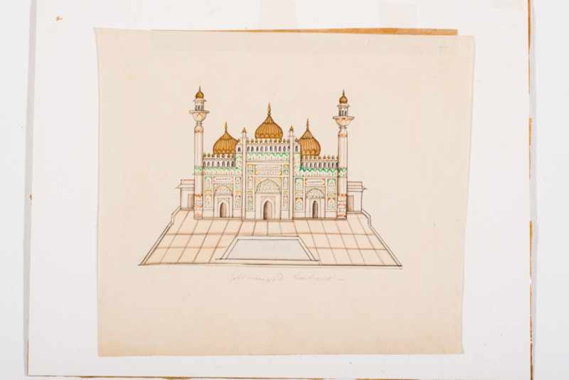 GOLDEN MOSQUE IN LAHORE Drawing and painting on paper. India, Lahore school, 19th cent.Very fine and - Image 2 of 2