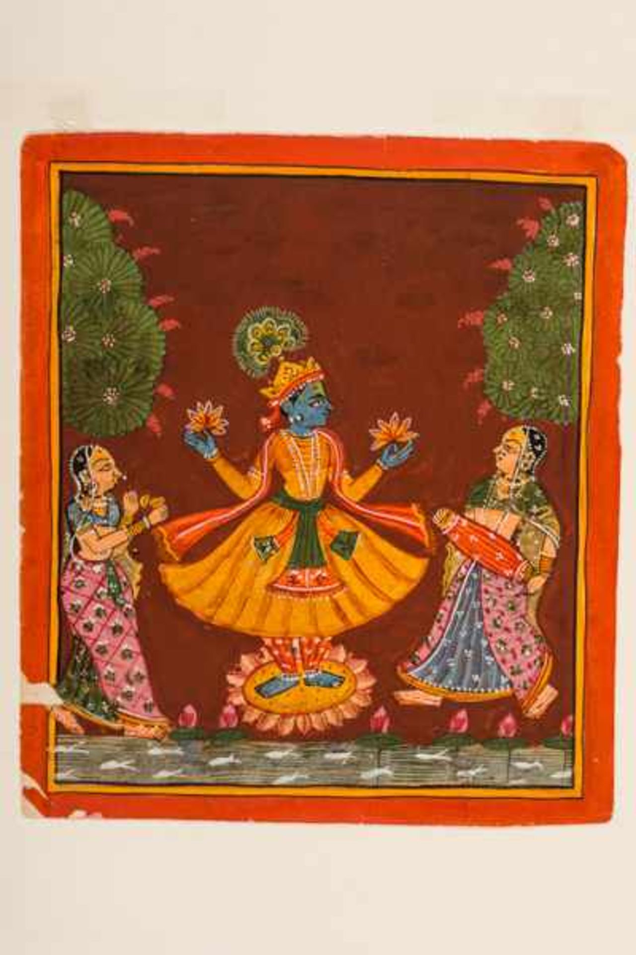 THE GOD KRISHNA ON A LOTUS BLOSSOM Paint on paper. India, Rajasthan, ca. 18th cent.In the center - Image 2 of 2