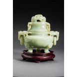 HEAVY JADE VESSEL WITH FANTASTIC ANIMALS Jade. China, Three-legged ding with lid cut out of a