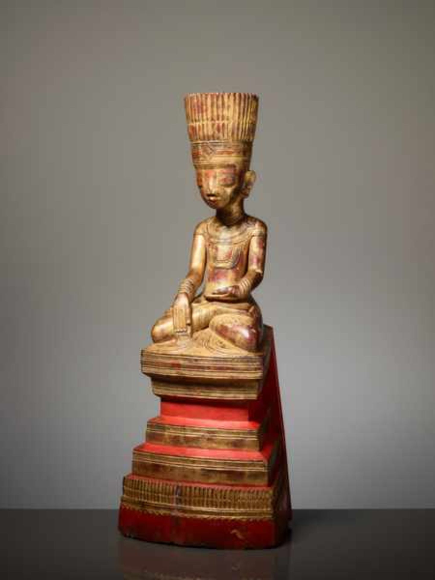 CROWNED BUDDHA Noble wood, lacquer and gilding. Burma, Shan, Konbaung 19th cent.Buddha Shakyamuni - Image 2 of 8