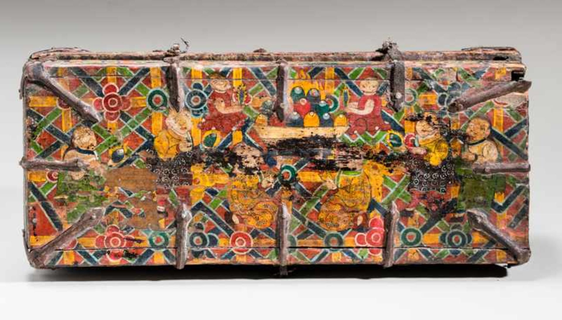 STRONGBOX WITH SNOW LIONS, TIGERS AND BOYS Colorfully painted wood, iron fittings. Tibet, 19th - Image 3 of 8