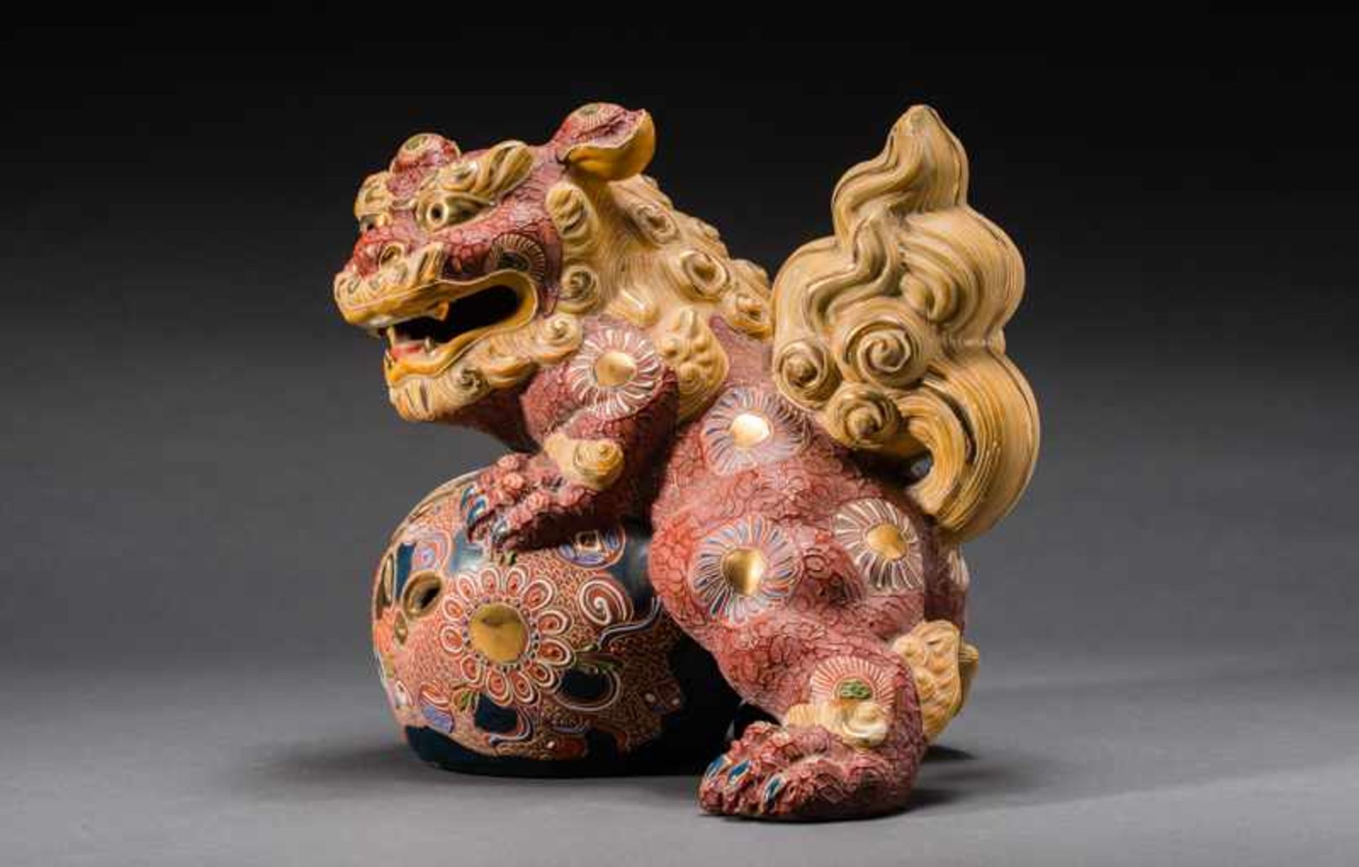 LION-DOG (SHISHI) WITH BALL Painted Kutani ceramic with gilding. Japan, Meiji to TaishoCompact - Image 3 of 6