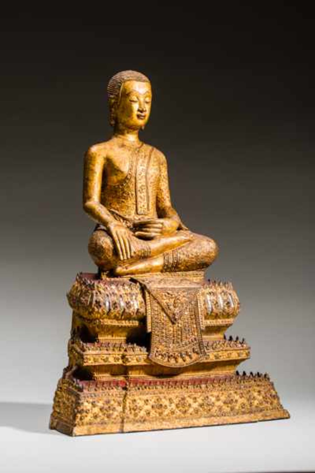 ARHAT SEATED IN THE STYLE OF BUDDHA Gilded bronze. Siam, Ratanakosin, about 1800Opulently wrought - Image 3 of 6