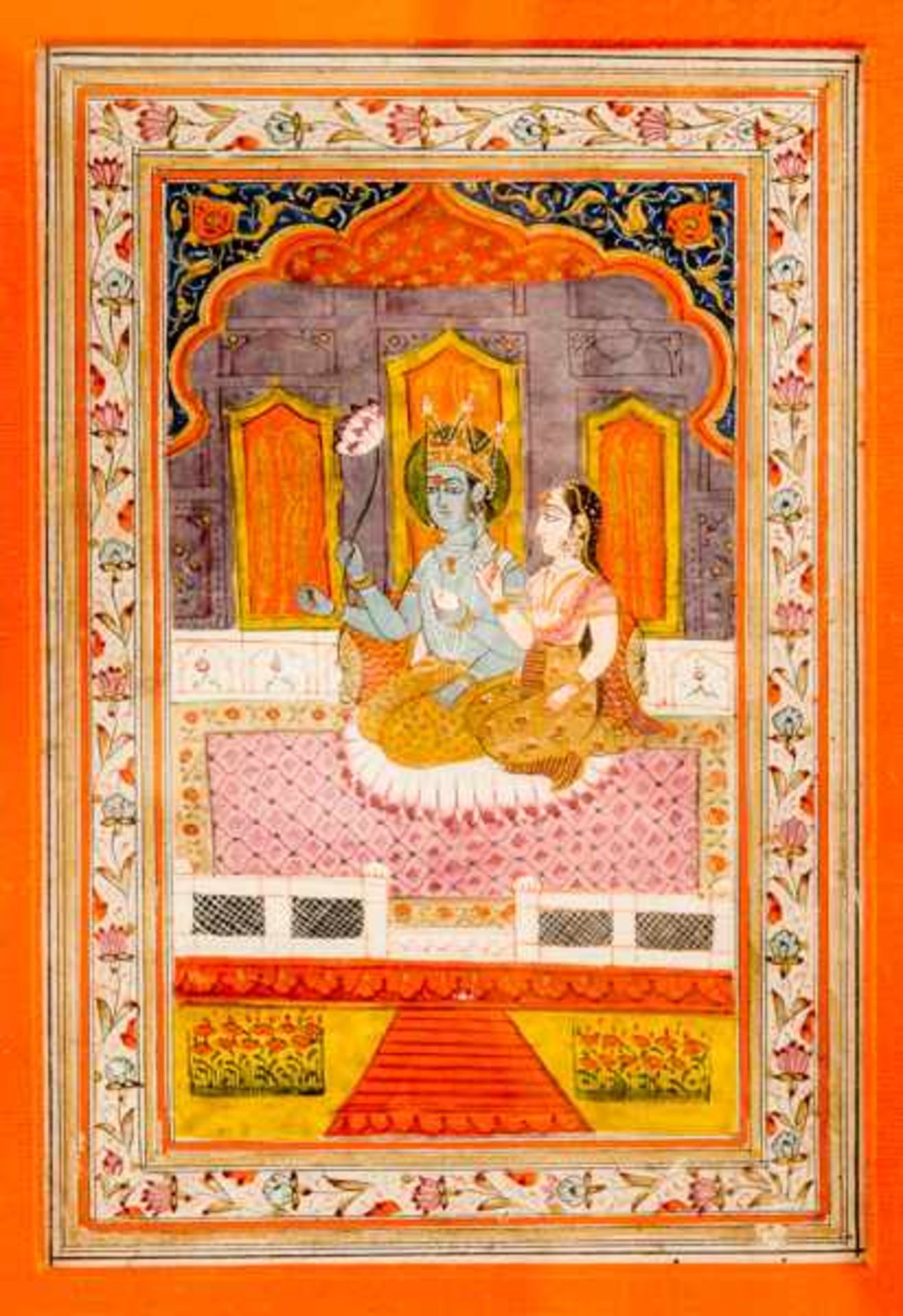 KRISHNA WITH LOVER Colours and gold on paper. India, Mogul-style, 19th cent.Very fine painting