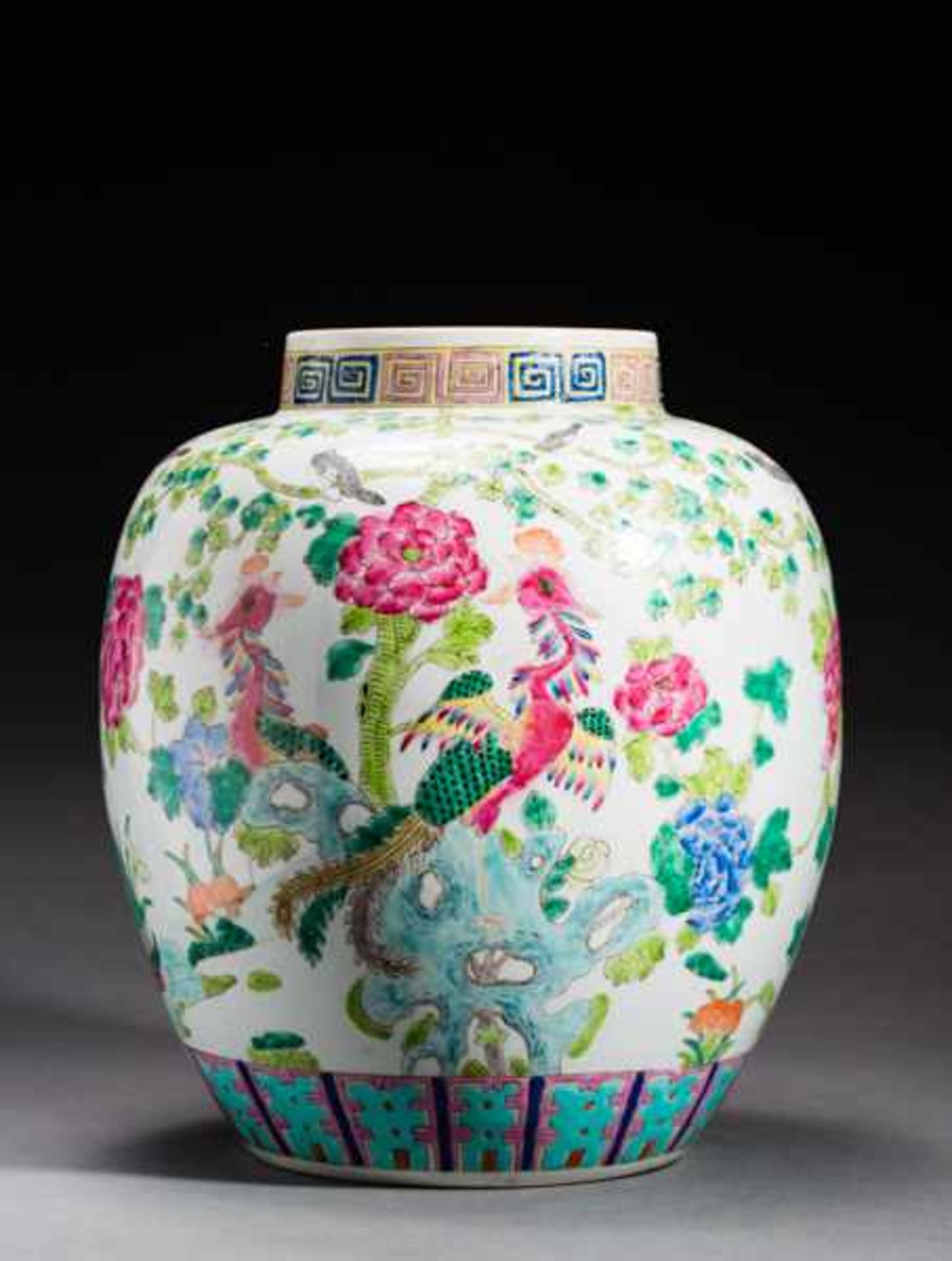 BULBOUS VASE WITH LOTUS, ROCKS AND PHOENIX Porcelain with colored enamel painting. China, On the