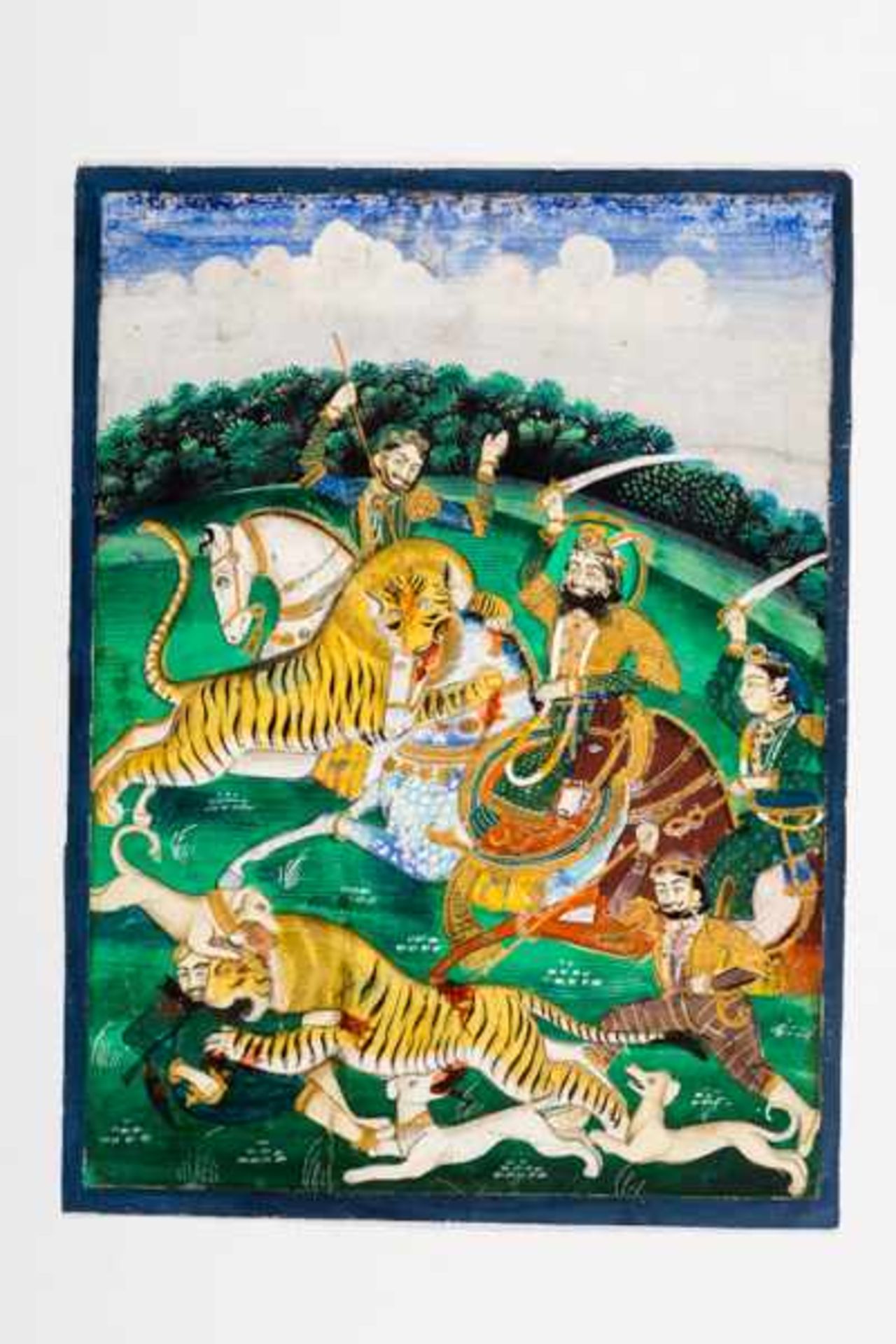 TIGER-HUNT Paint on paper, gilding. India, Punjab, about 1800A dramatic scene with a full-bearded, - Image 2 of 2