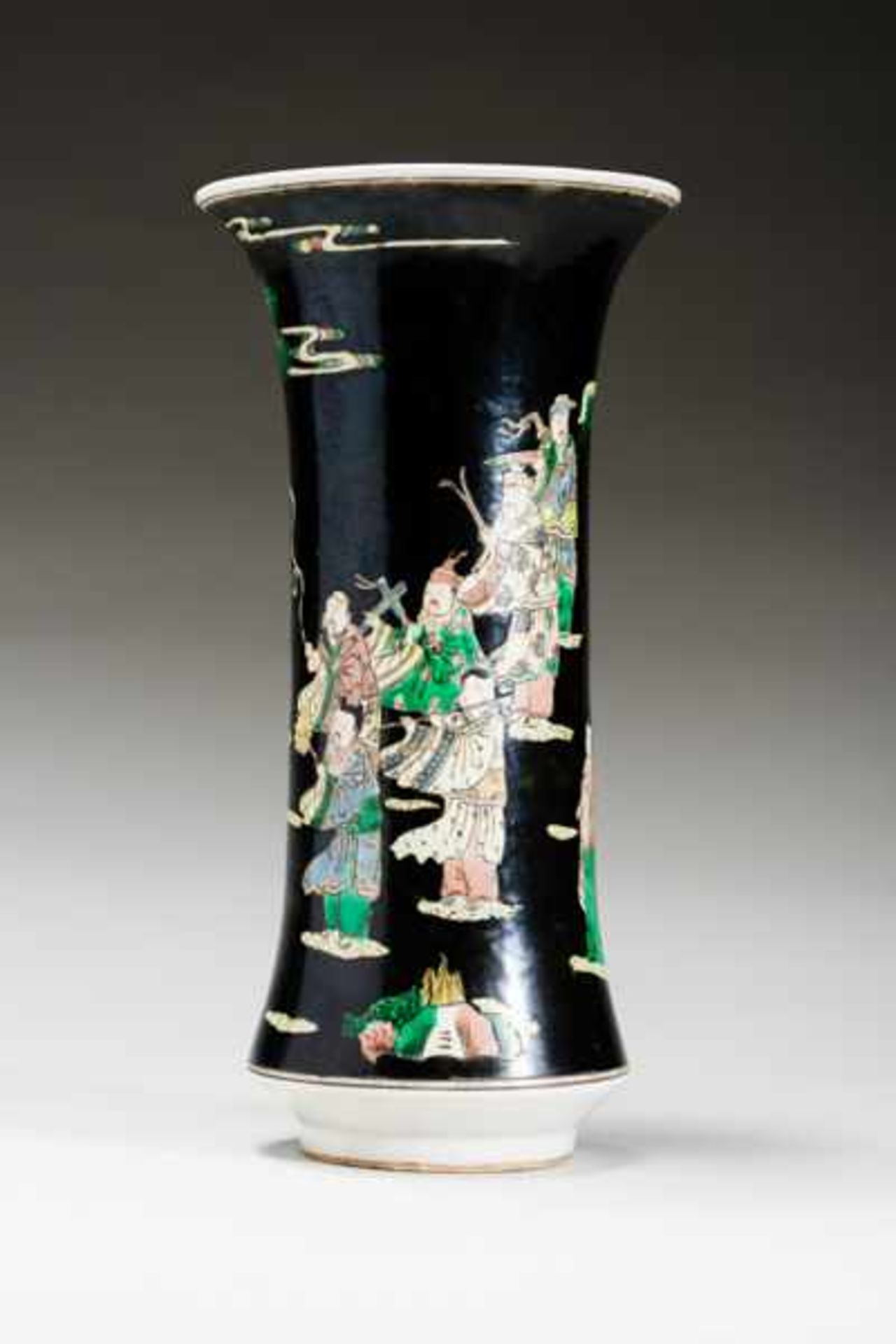 VASE WITH EIGHT IMMORTALS Porcelain with enamel paint. China, Tall vase, flared at both ends, with a - Image 4 of 7