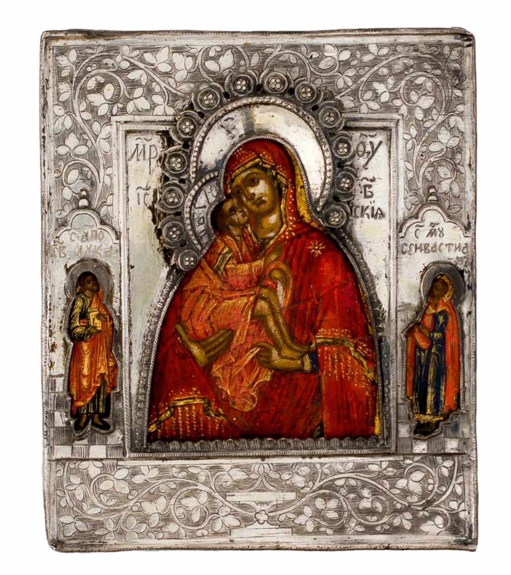 *Gottesmutter Donskaja Russische Ikone mit Silberoklad, 18. Jh 10 x 8,3 cm Am Rande sind der hl.
