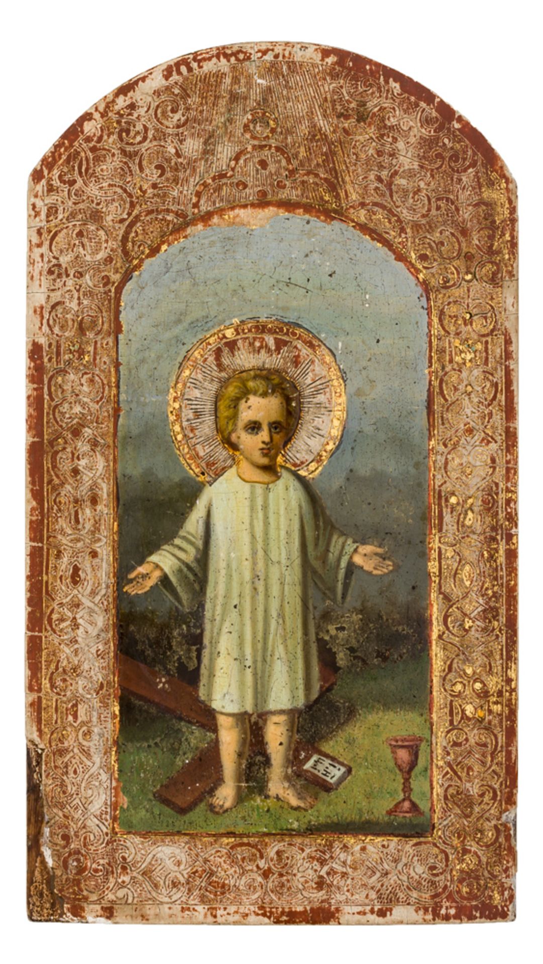 *Jesuskind mit den Symbolen der Passion Russische Ikone, Ende 19. Jh. 26,7 x 15 cm Provenienz: