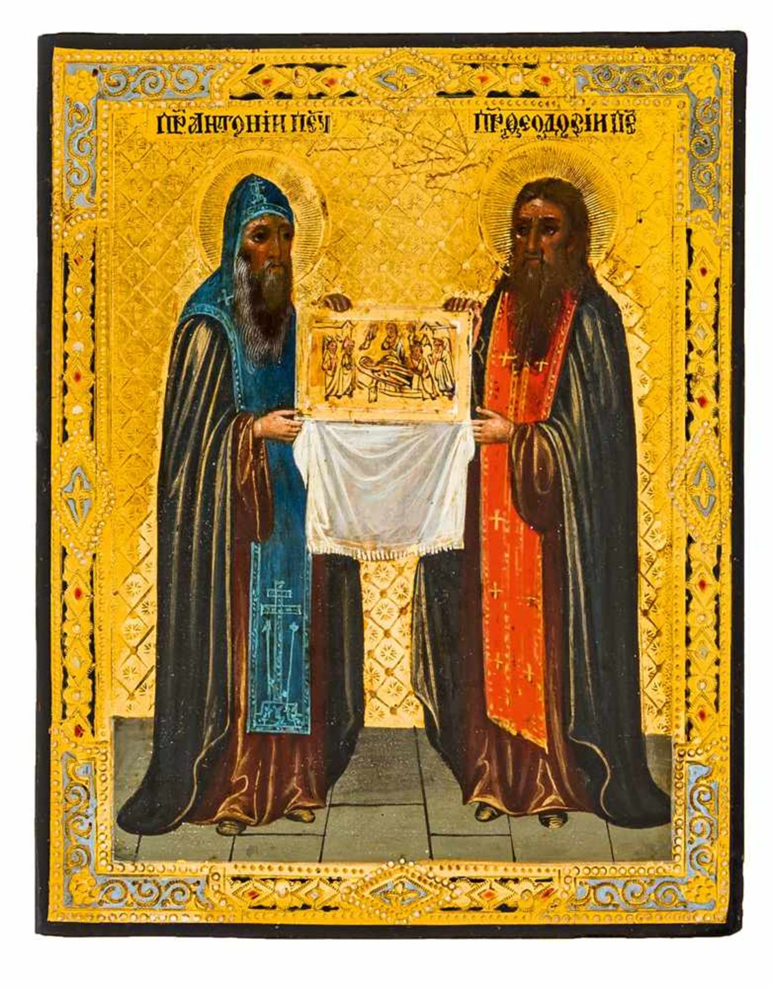 *Hl. Antonij und Hl. Feodossij vom Kiever Höhlenkloster Russische Ikone, um 1900 17,8 x 13,8 cm