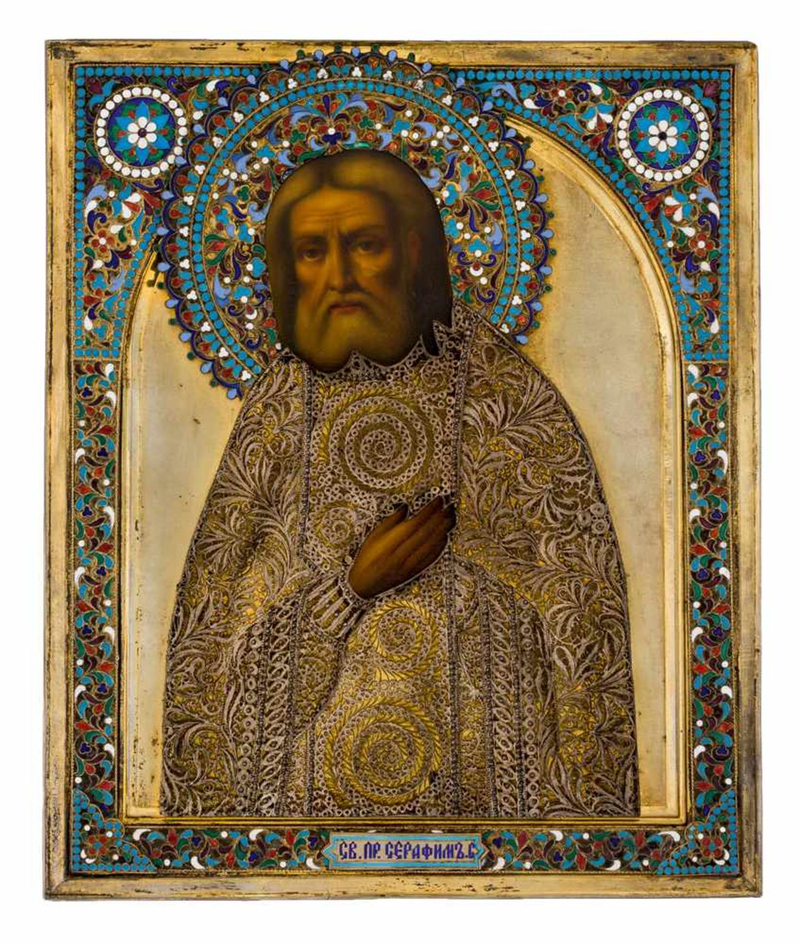 *Hl. Seraphim von Sarov Russische Ikone, um 1903, mit Silberoklad, Moskau (?) 1896-1907 Meister: "