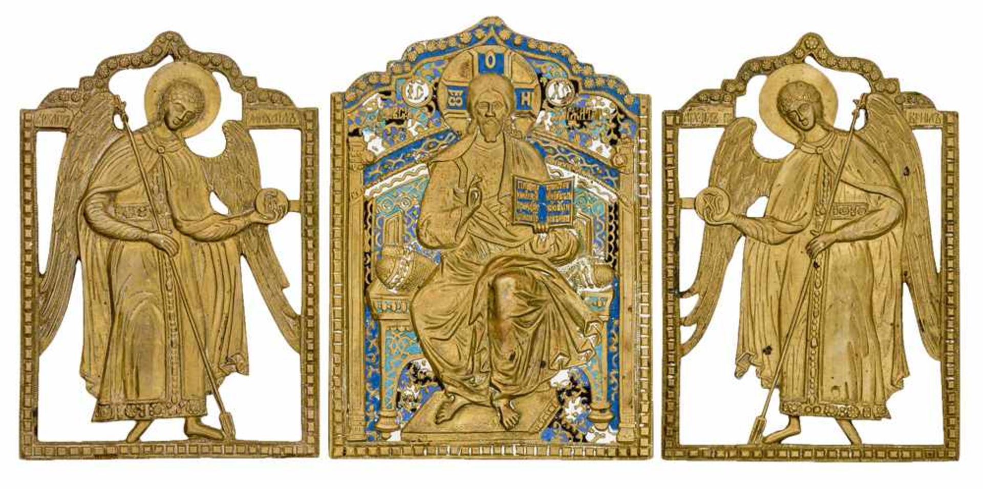 *Christus Pantokrator mit den Erzengeln Michael und Gabriel Russische Bronze-Ikonen, 19. Jh. 22,5