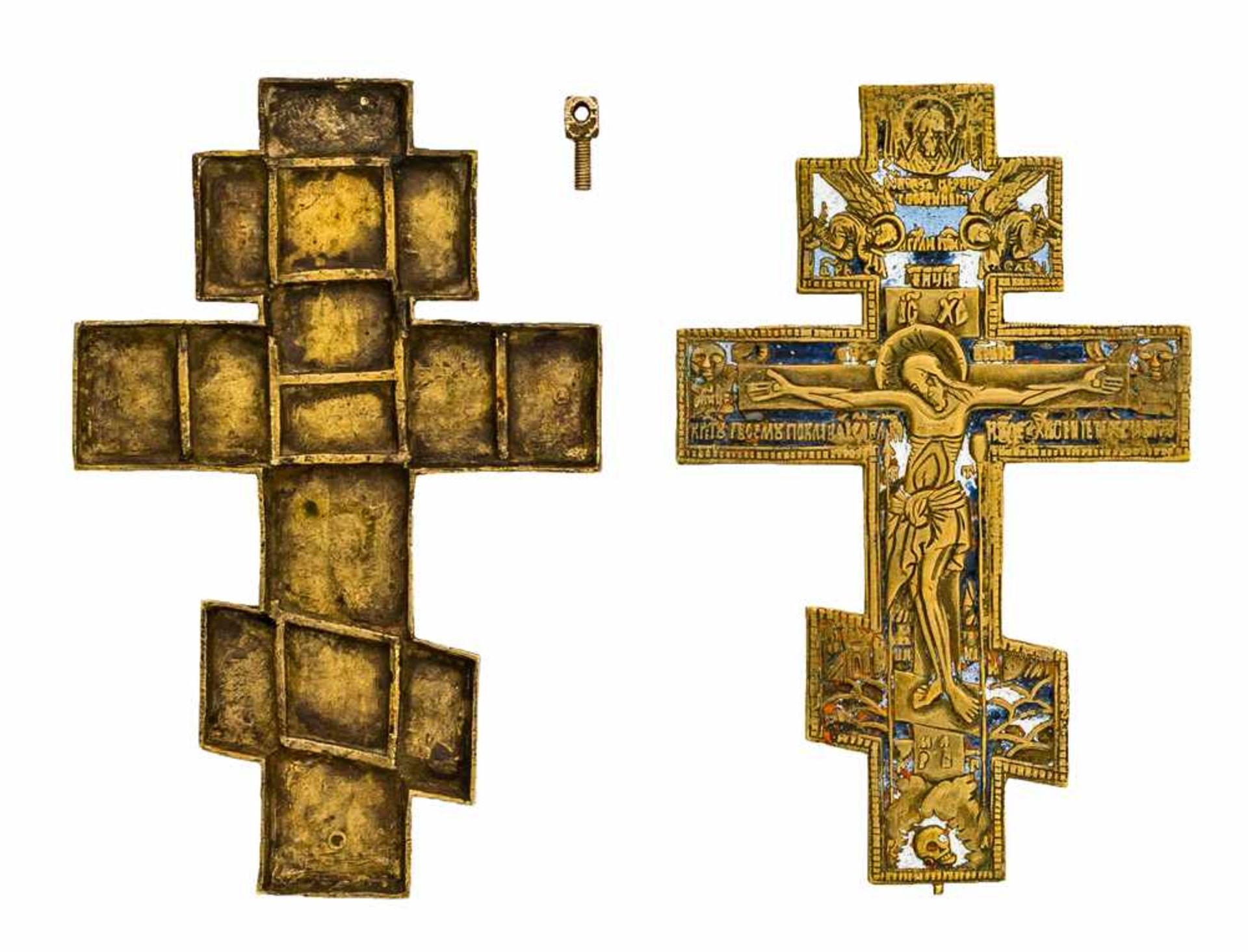 *Kreuz mit Reliquar Russisches dreifach-emailliertes Bronze-Kreuz, 19. Jh. 17 x 11 cm Sehr
