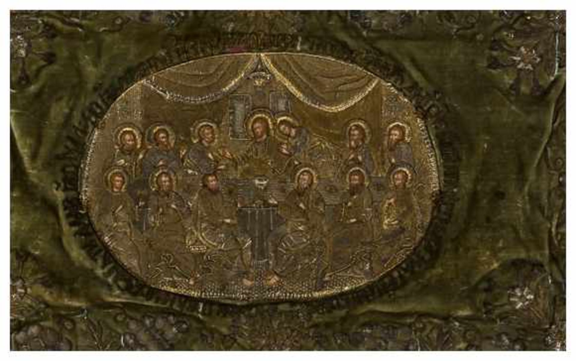 Abendmahl Russische Stickerei, um 1800 circa 52 x 72 cm, Rahmen: 63 x 83,5 cm Last supper // Russian