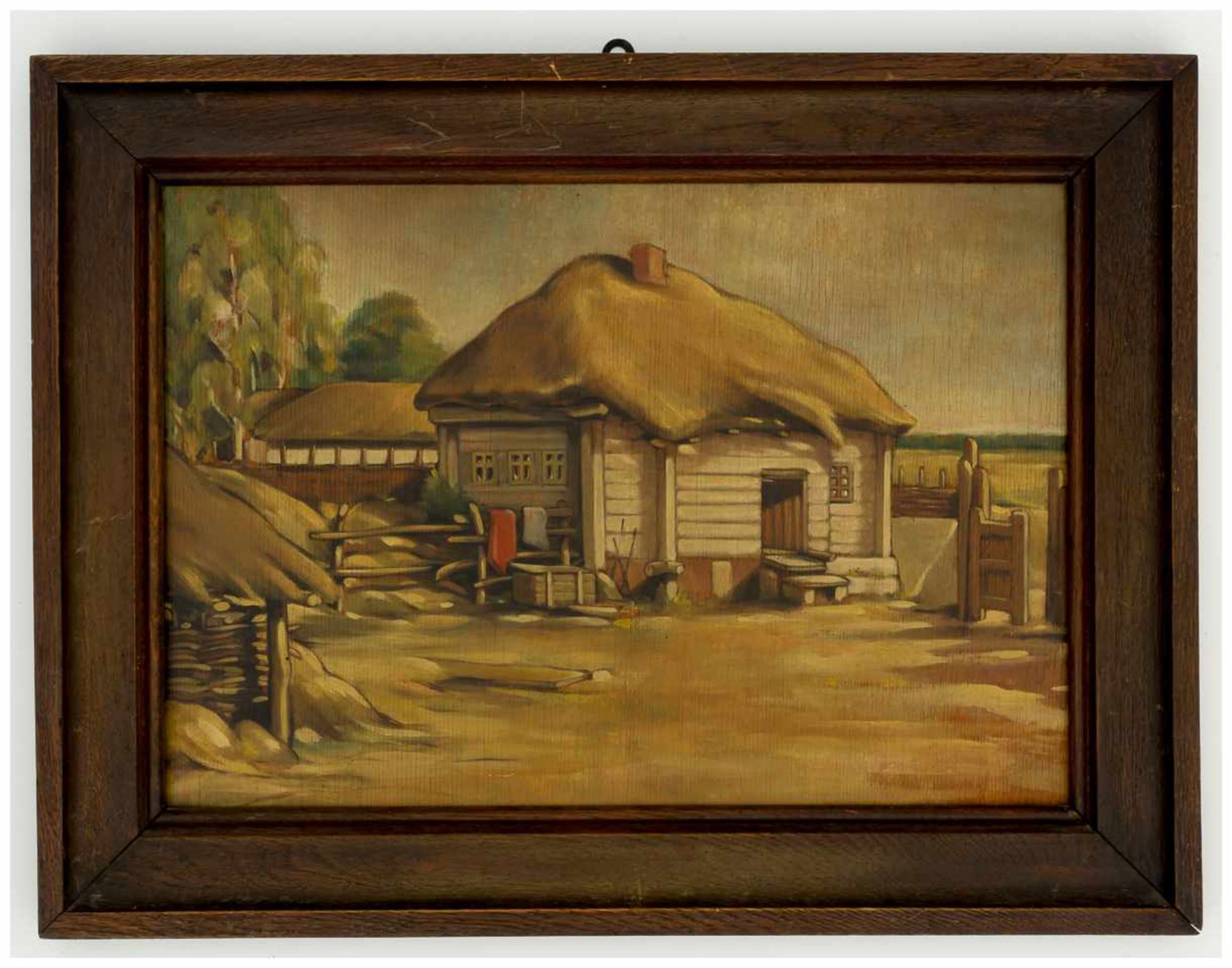 Ukrainisches Dorf Öl auf Sperrholzplatte, rückseitig mit Bleistift datiert 1942 Bildgrösse: ca. 35,5 - Bild 2 aus 3