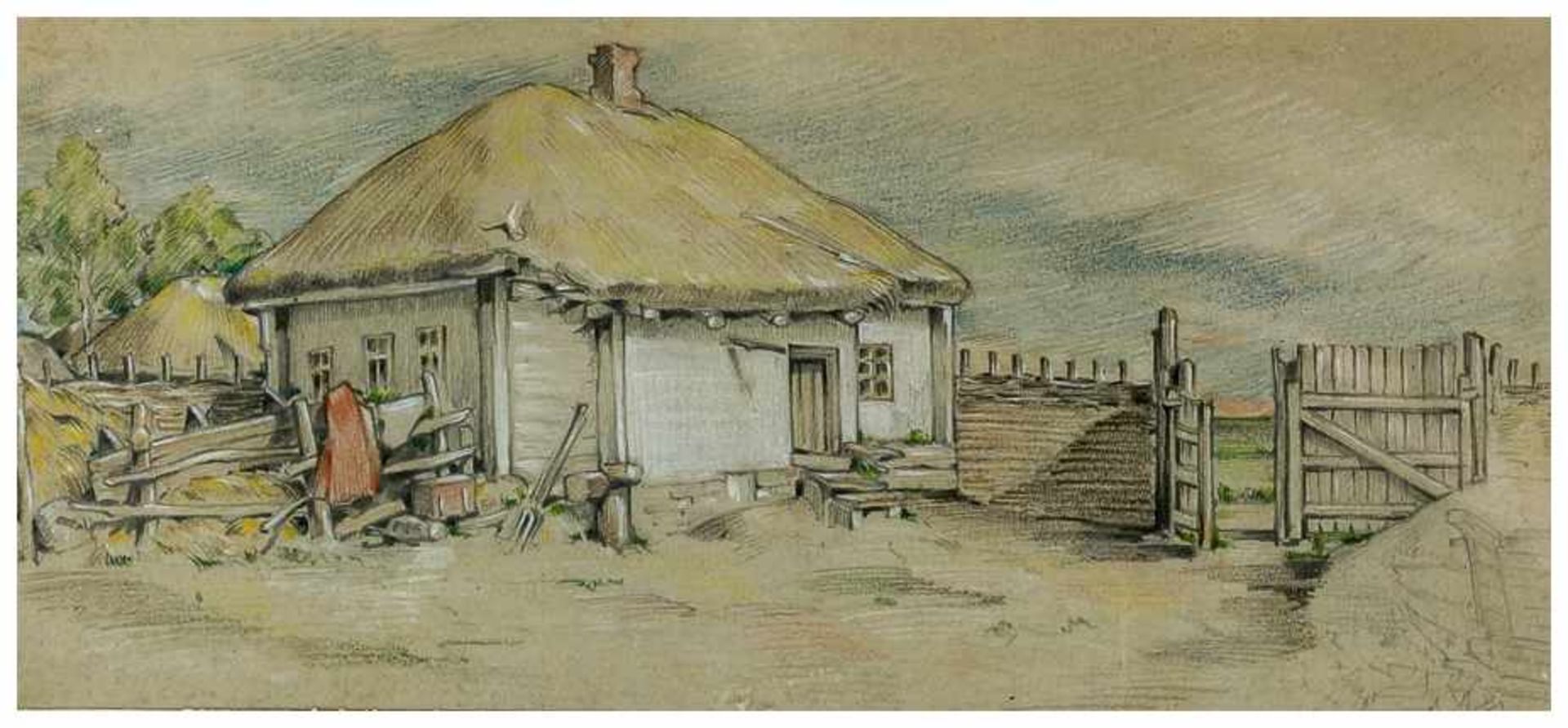 Ukrainisches Dorf Kolorierte Zeichnung, 20. Jh. Bildgrösse: ca. 11,5 x 25 cm, Rahmen: ca. 16,3 x